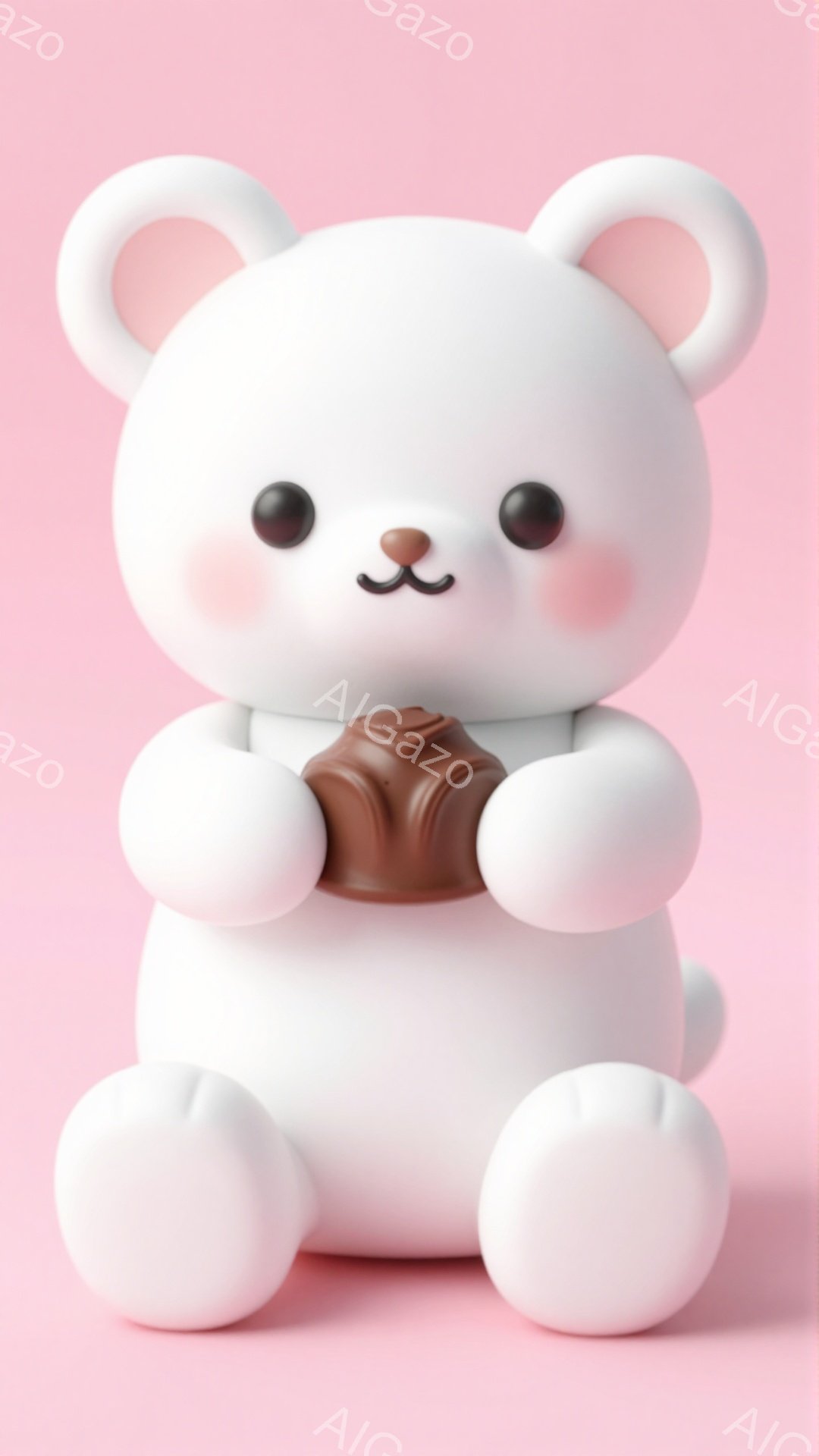 白くて丸いクマのぬいぐるみのようなキャラクターが、チョコレートを両手で抱えています。頬はほんのり赤く、つぶらな瞳と小さな口が愛らしい表情を作り出しています。背景は淡いピンク色で、キャラクターが引き立つようにシンプルに表現されています。