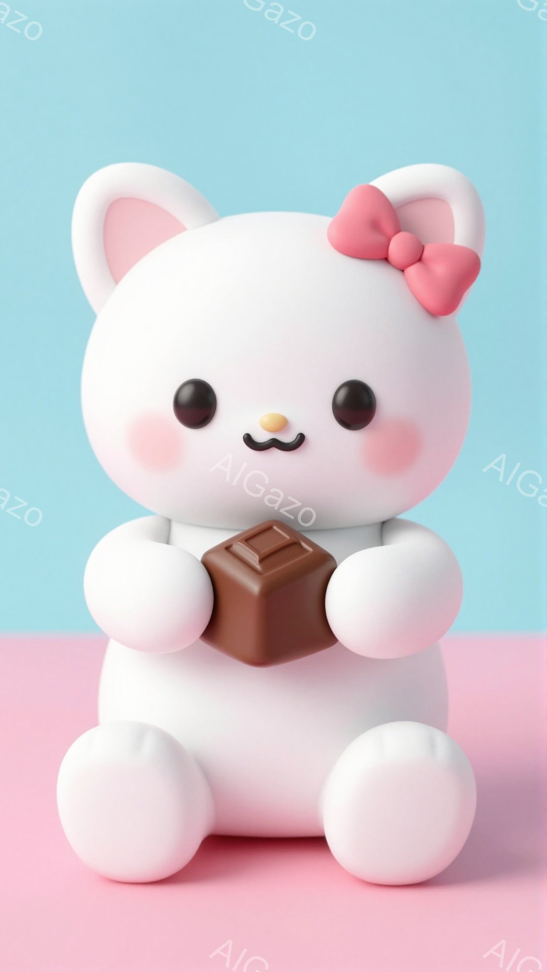 白くて丸いキャラクターが、ピンクのリボンをつけて座っています。チョコレート色の塊を両手で抱え、つぶらな瞳とほのかな笑顔が愛らしい印象を与えます。背景は水色とピンクのグラデーションで、全体的に柔らかく、可愛らしい雰囲気を醸し出しています。