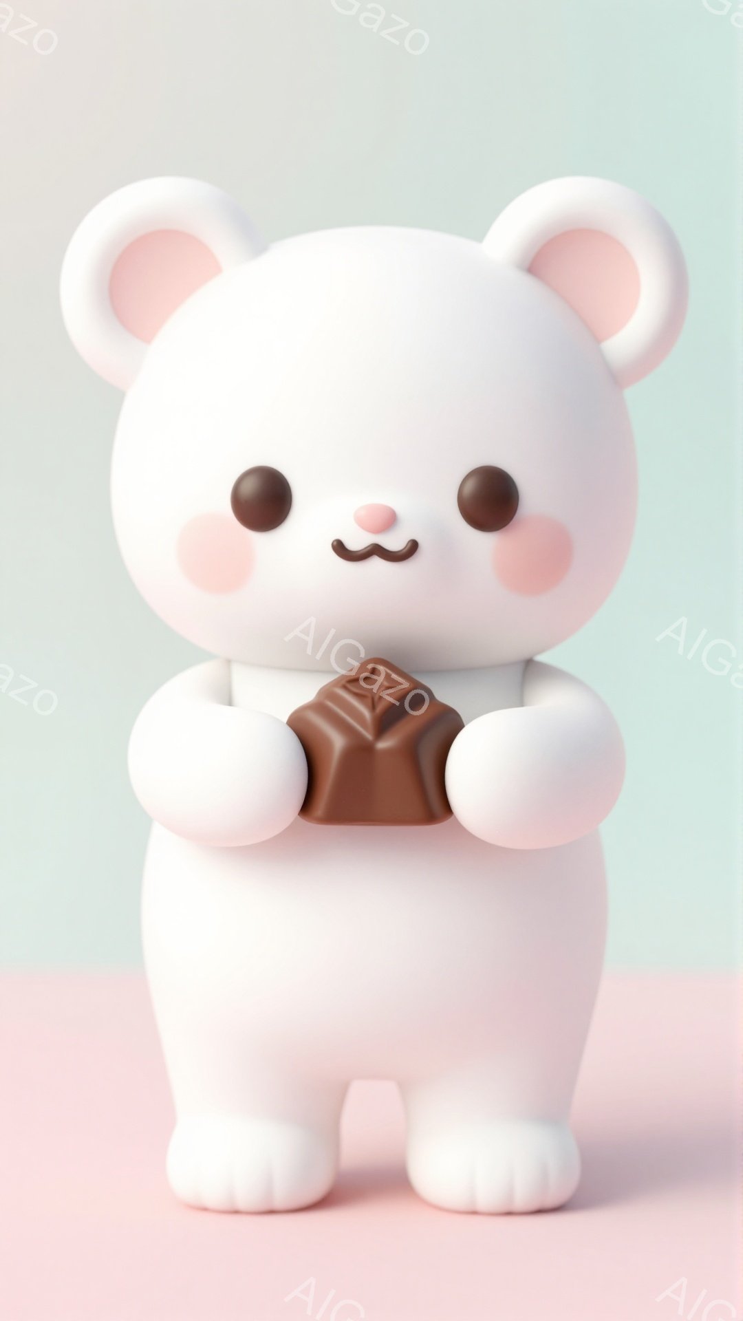 白くて丸いクマのぬいぐるみが、両手でチョコレートのかけらを抱えています。つぶらな瞳と、ほんのり赤らんだ頬が可愛らしい表情をしています。背景は淡いピンクと水色のグラデーションで、柔らかく優しい雰囲気を醸 - AI生成フリー素材