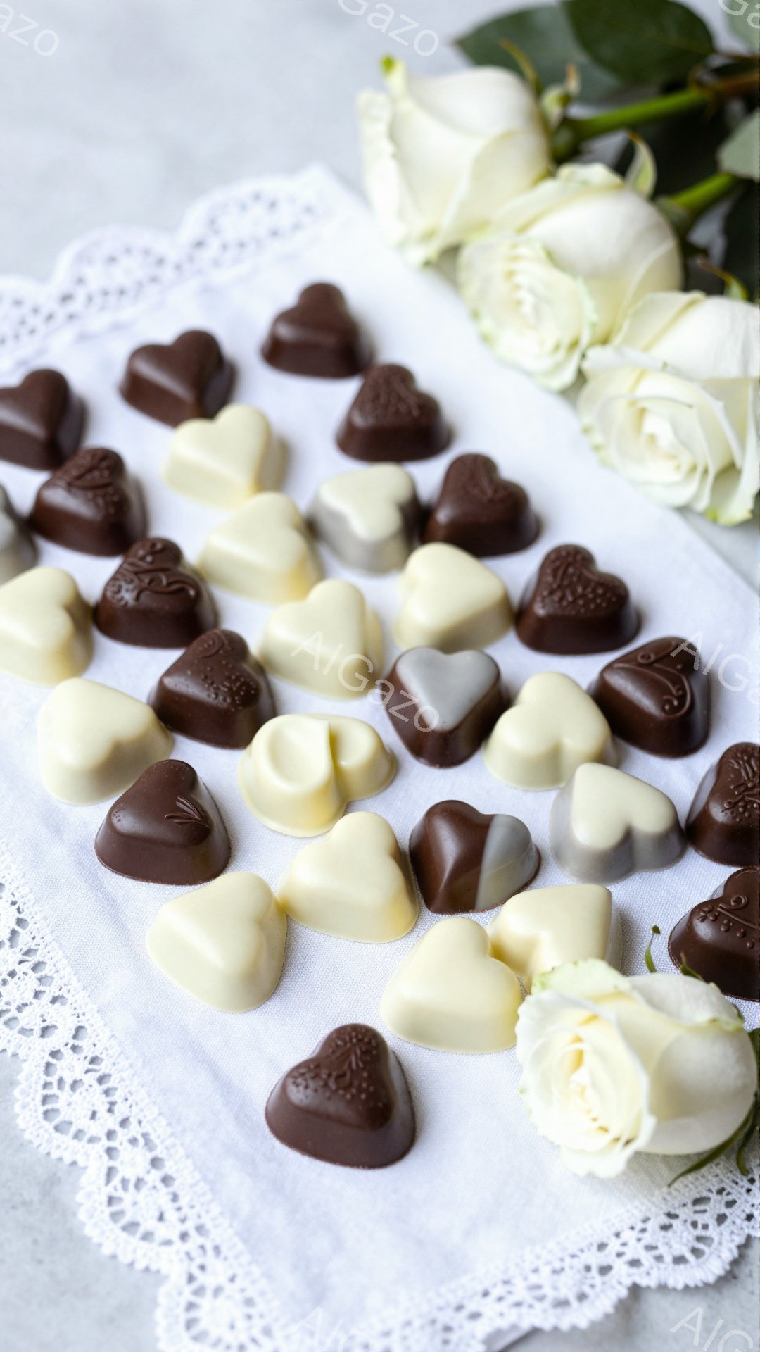白いレース編みの布の上に、様々な色のハート型のチョコレートが散りばめられています。右側には、咲き始めの白いバラが数輪添えられ、柔らかい光が全体を照らしています。 優雅でロマンチックな雰囲気で、バレンタ - AI生成フリー素材