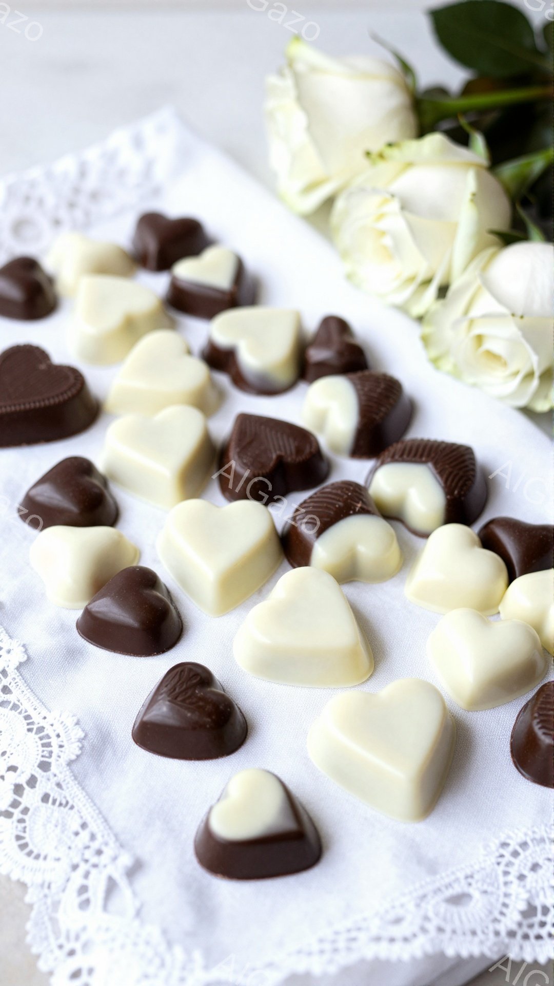 白いレースのテーブルクロスの上に、さまざまなチョコレートのハートが散りばめられています。チョコレートはミルクチョコレートとホワイトチョコレートの2種類で、一部には装飾が施されています。背景には、咲き始めの白いバラが数輪置かれており、優雅でロマンチックな雰囲気を醸し出しています。