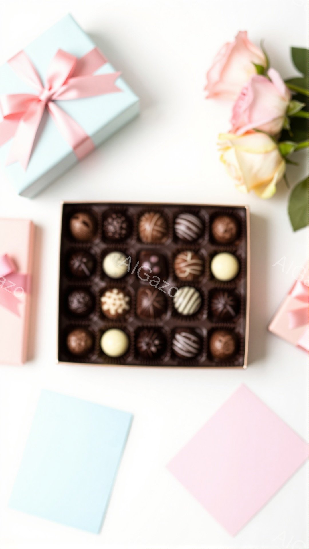 白い背景の上に、ピンクや水色のギフトボックス、そしてチョコレートが並んだ茶色の箱が置かれています。箱の中には、様々な模様のチョコレートが整然と並び、バラの花も添えられています。全体的に、贈り物や特別な機会を祝う、柔らかく、甘い雰囲気が漂っています。