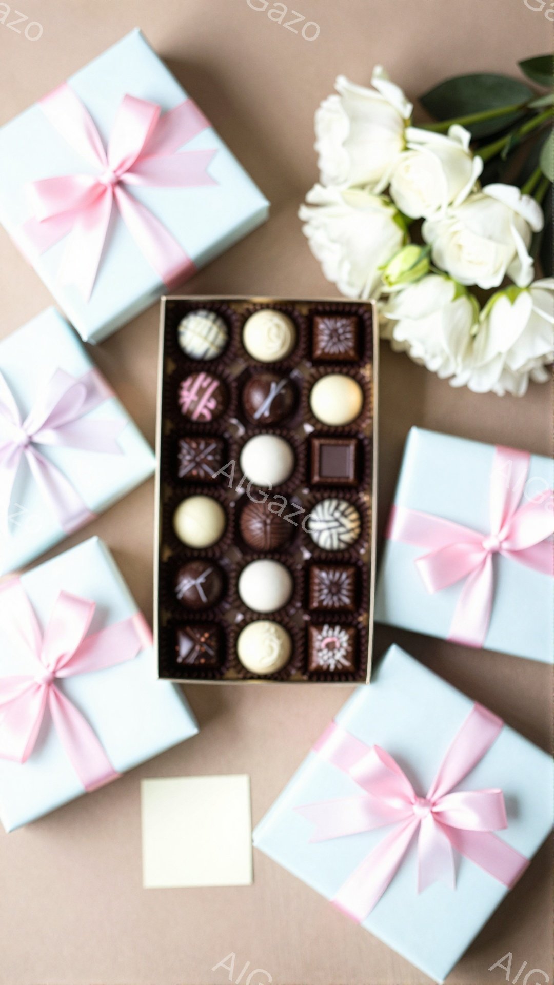 薄い水色のギフトボックスが四角形に配置され、それぞれにピンクのリボンが結ばれています。中央には、さまざまな種類のチョコレートが並んだ長方形の箱があり、その横には白いバラの花束と、小さな白いカードが置かれています。全体的に、淡い色調で優雅で上品な雰囲気が漂っています。