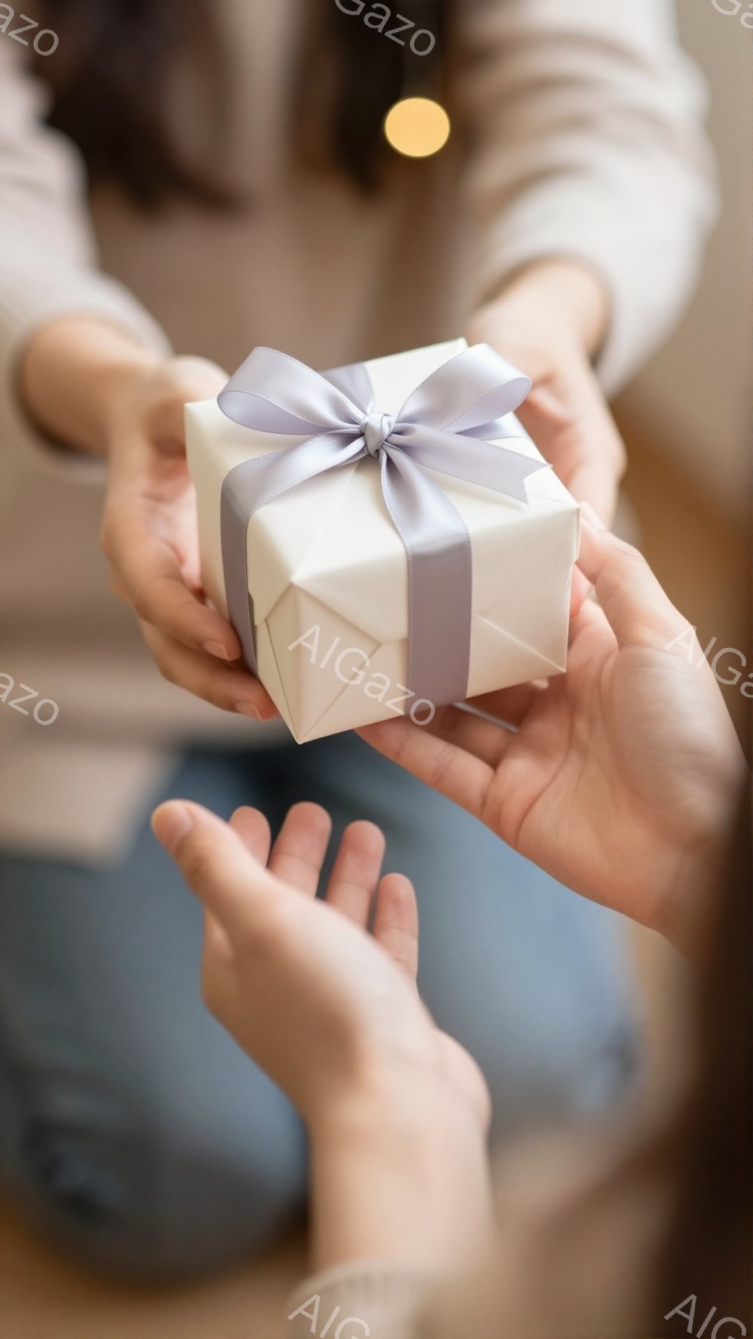 白い箱のプレゼントが誰かから誰かに渡されようとしている様子が写っている。贈り手は薄いベージュのセーターを着ており、受け手はデニムのズボンを履いている。背景はぼやけているが、木製の床と柔らかな光が暖かく穏やかな雰囲気を醸し出している。