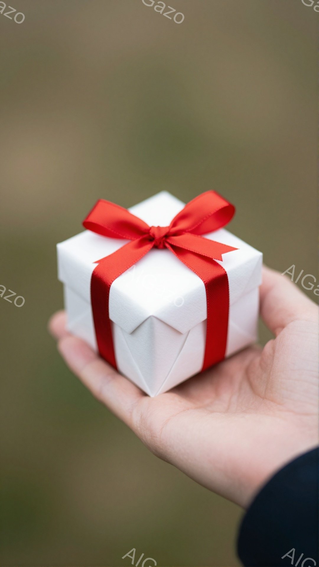 一人の手が、小さな白いギフトボックスを手のひらに乗せています。ボックスは赤いリボンで丁寧に結ばれており、贈り物やサプライズを暗示しています。背景はぼやけた緑色で、自然の中で静かで穏やかな雰囲気を作り出しています。