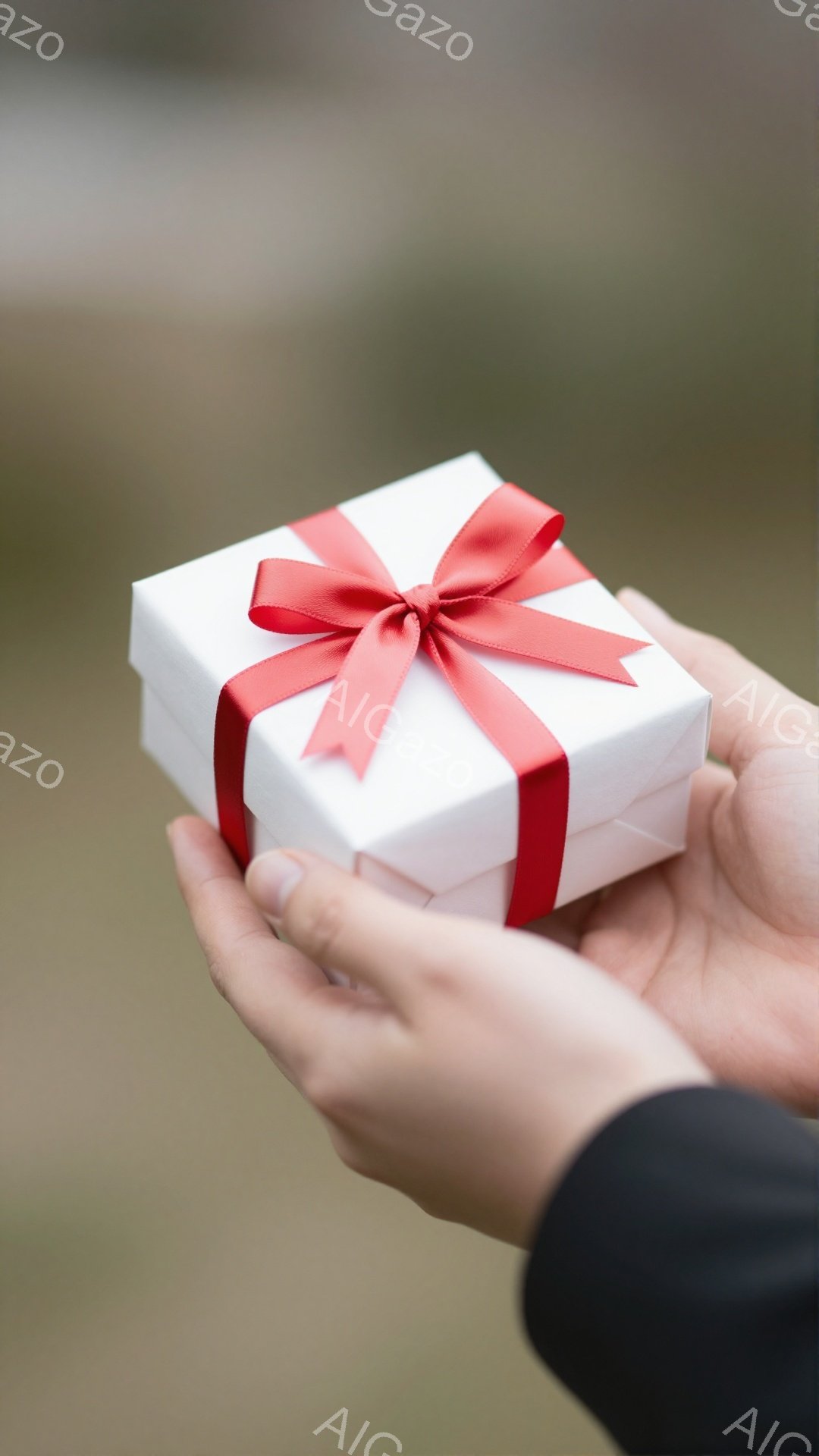 白い箱が赤いリボンで飾られ、誰かの手のひらで優しく支えられています。手は黒い袖の一部が見えており、贈り物を受け取るか、与えるかのどちらかの動作をしているようです。背景はぼやけており、落ち着いた雰囲気を - AI生成フリー素材