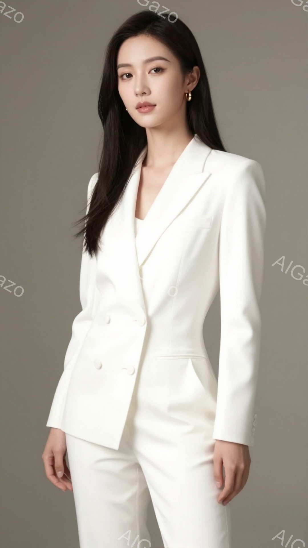 長い黒髪をセンターパートにした女性が、白いスーツを着用して立っている。彼女はわずかに微笑んでおり、姿勢はまっすぐで、自信に満ち溢れているように見える。背景は明るいグレーで、女性が際立つようにシンプルな構成になっている。