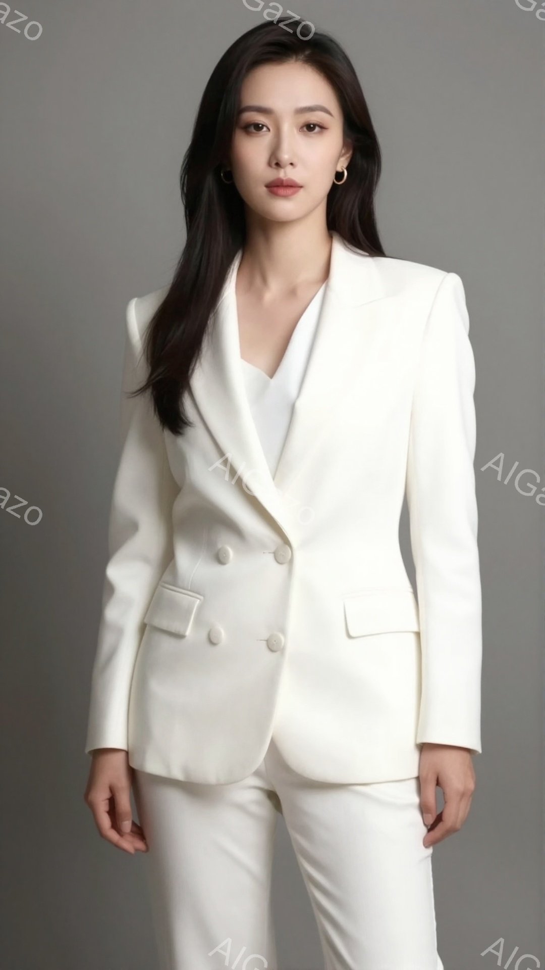 白いスーツに身を包んだ女性が写っています。彼女は黒髪で、肩まで届くストレートヘアです。表情は穏やかで、わずかに微笑んでいるように見えます。