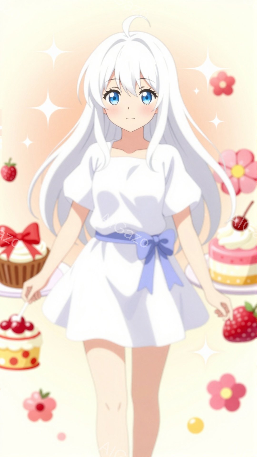 白髪のロングヘアの少女が、白いワンピースと水色のリボンで可愛らしく装っています。彼女は少し微笑んでおり、大きな青い瞳が印象的です。背景には、イチゴやケーキ、花が散りばめられており、全体的に明るく甘い雰囲気が漂っています。