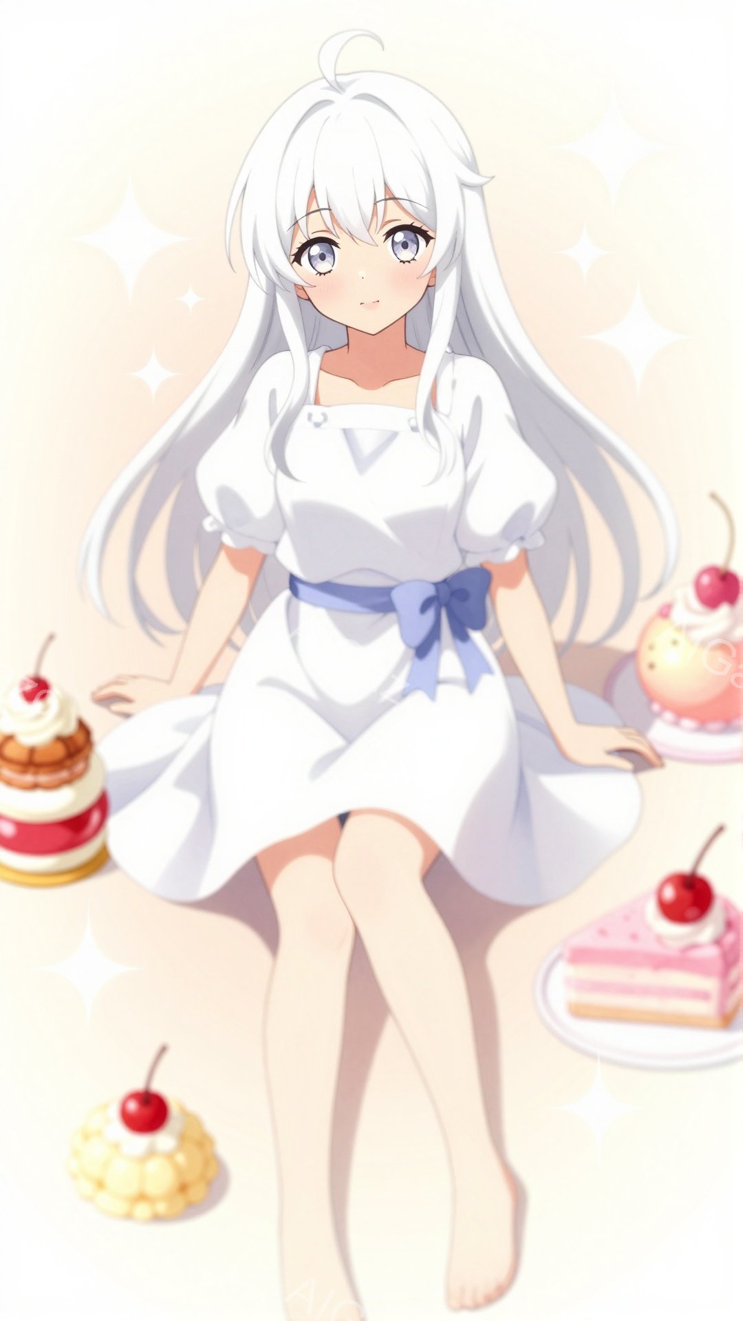 白い長い髪と青い瞳を持つ少女が描かれています。白いワンピースに青いリボンを締め、素足で立っています。背景には、イチゴのデコレーションがされたケーキがいくつか浮かび、全体的に柔らかく甘い雰囲気が漂っています。