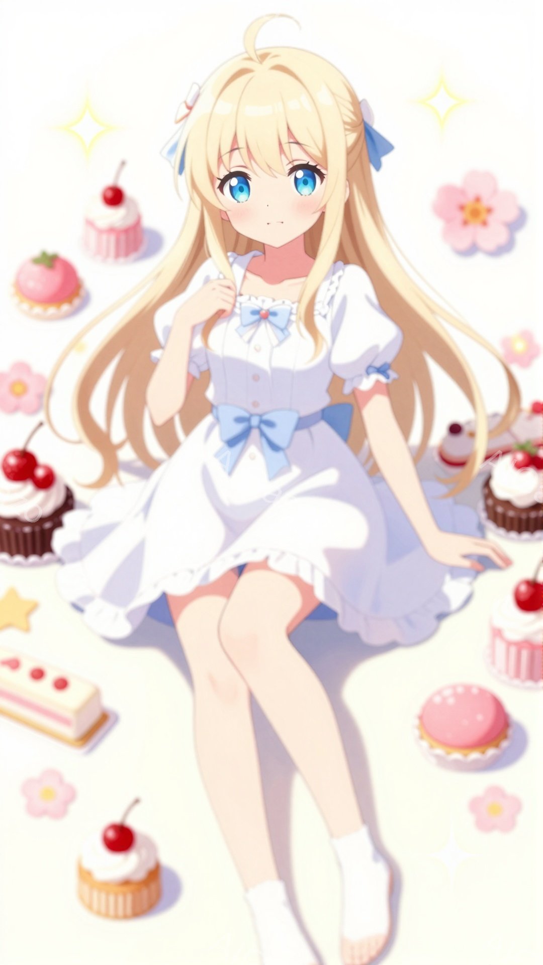 金髪碧眼の少女が、白いワンピースと白い靴下を履いて、膝を曲げて座っている。彼女は膝の上にケーキを乗せ、微笑んでいる。背景には、様々な種類のケーキやピンク色の花が散りばめられており、全体的に可愛らしく夢幻的な雰囲気を醸し出している。