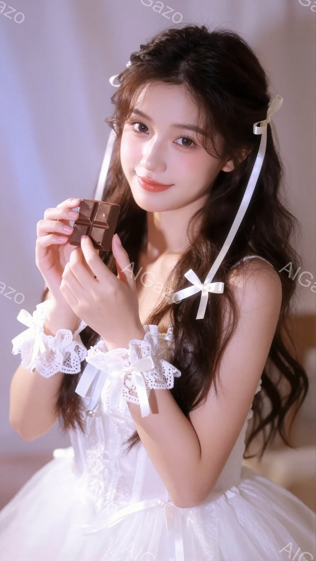長い黒髪をリボンで飾り、白いレースのドレスを着た若い女性が写っている。彼女はチョコレートを手に持ち、微笑みながらカメラを見つめている。背景はぼかされており、柔らかく夢幻的な雰囲気を醸し出している。