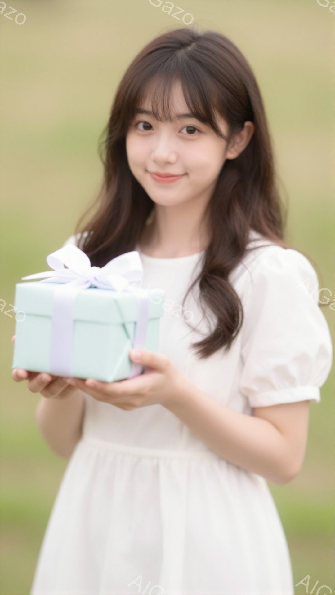 長いダークブラウンの髪を肩にかかるように下ろし、前髪は軽くふさふさとした女性が写っています。白いパフスリーブのワンピースを着ており、薄い水色のリボンのかかったギフトボックスを両手で正面に向けて抱えています。背景は緑色の草原で、柔らかい光が差し込み、全体的に穏やかで優しい雰囲気です。