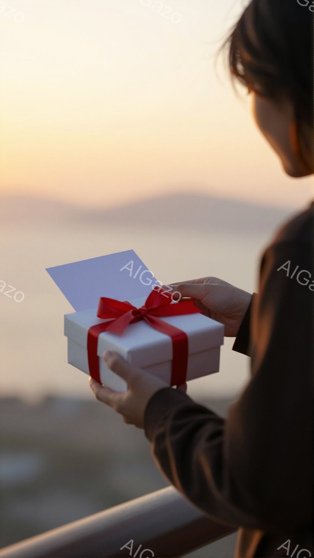 長い黒髪の女性が、開いた白いギフトボックスを両手で持っている。箱は赤いリボンで飾られており、背景には霞んだ山々と穏やかな海が広がり、夕焼け空が暖かなオレンジ色に染まっている。 全体的に、ロマンチックで - AI生成フリー素材