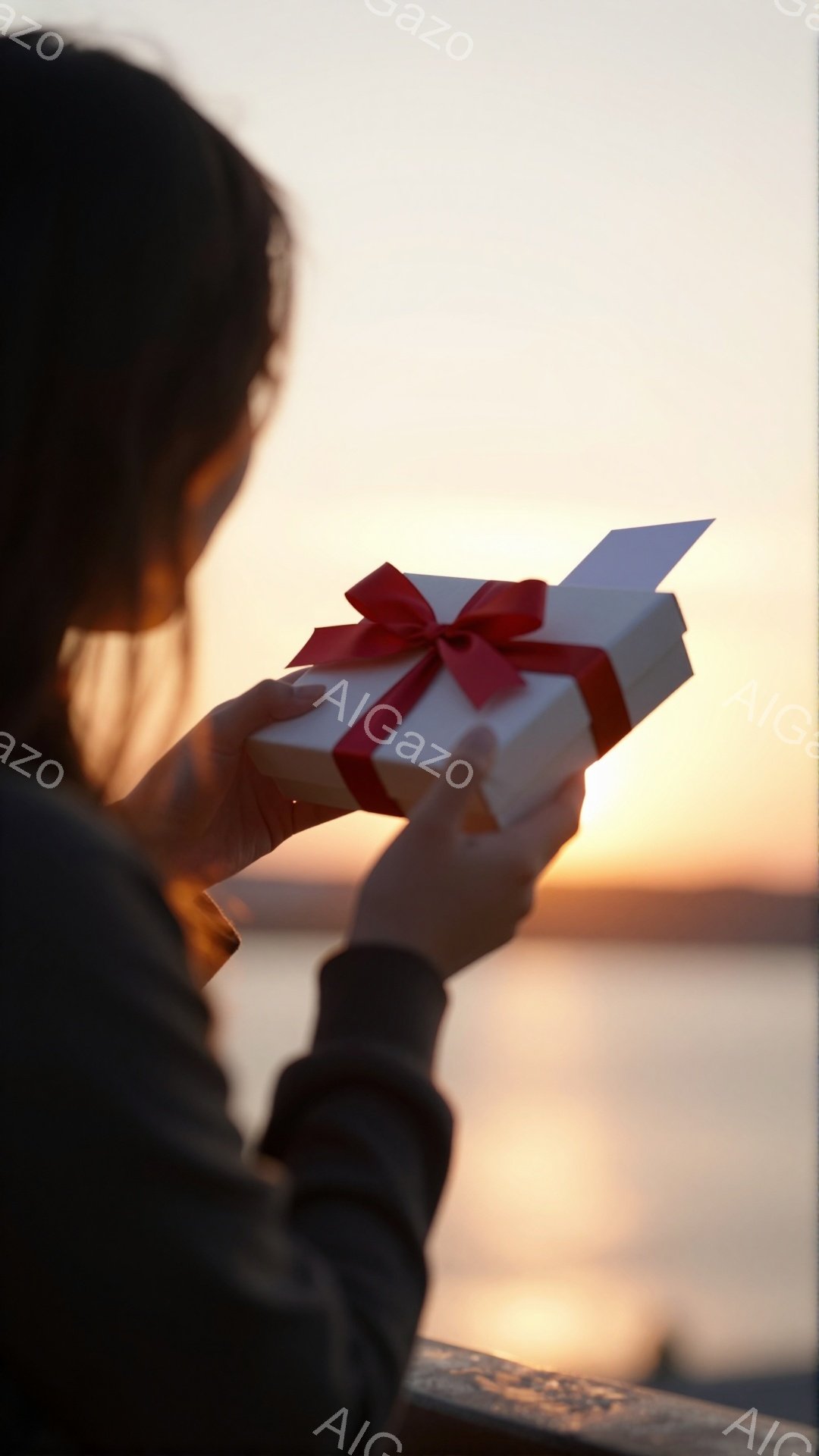 長い髪の女性が、赤いリボンで飾られた白いギフトボックスを両手で高く掲げています。背景には、夕焼けのオレンジ色の空と水面が広がり、穏やかでロマンチックな雰囲気を醸し出しています。彼女の表情ははっきりとは見えませんが、ギフトボックスを見つめる姿から、喜びや期待を感じさせます。