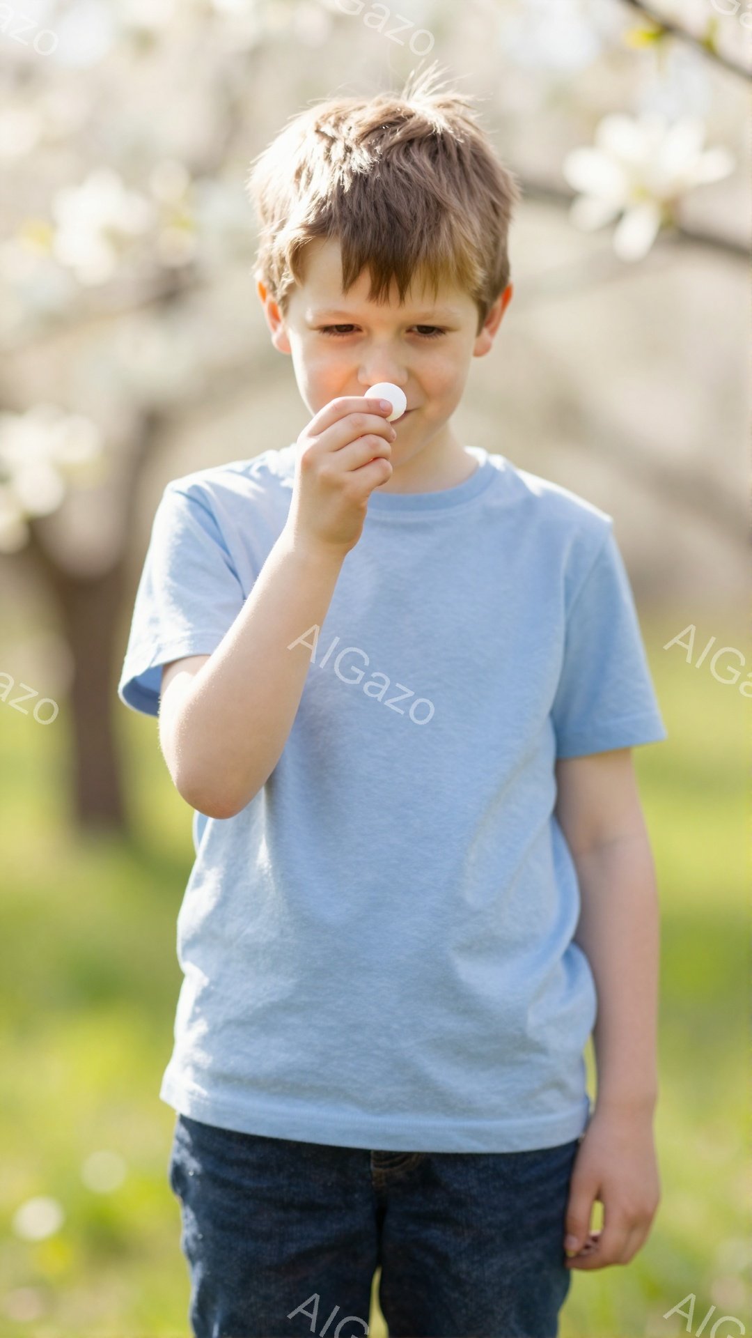 若い少年が青いTシャツとジーンズを着て、何か小さな白いものを手に持っています。彼はそれを自分の指先でつまんで、注意深く見ています。背景には緑の草地と、ぼやけた桜の木々があり、晴れた春の日の穏やかな雰囲 - AI生成フリー素材