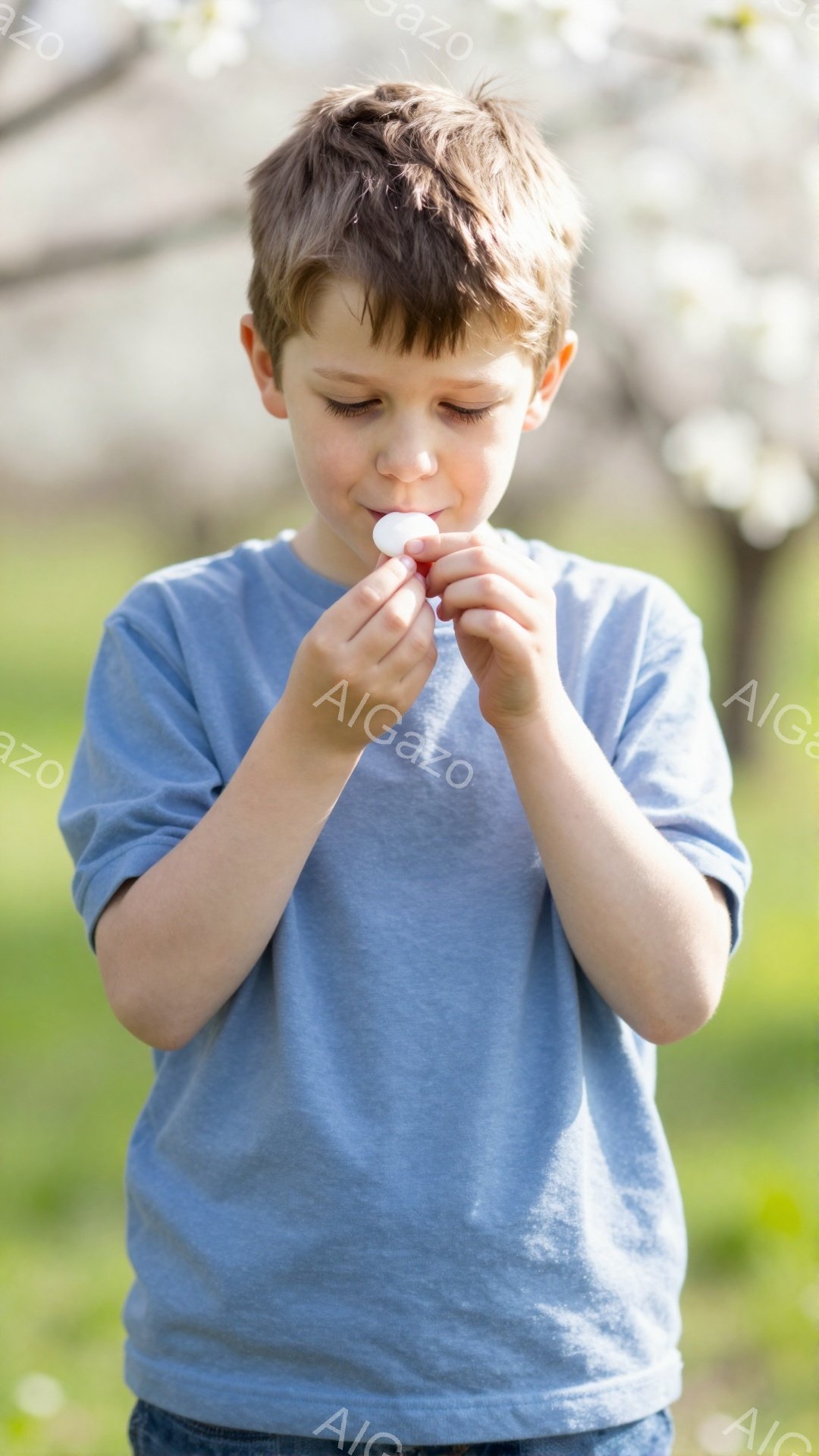 少年の子は、水色のシャツとジーンズを身につけ、両手を合わせて何かをじっと見つめています。彼の髪は短く、顔は集中した表情で、何かを吹き飛ばそうとしているようです。背景には緑の草地と、ぼやけた白い花が咲く木々が見え、春の穏やかな日差しが感じられます。