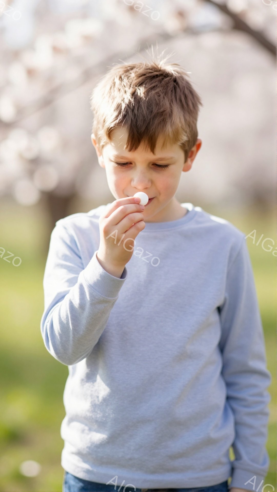 金髪の少年が白い物体を手に持って、注意深く見つめています。少年の服装は、水色の長袖シャツとジーンズで、髪型は短く刈り上げられています。背景にはぼやけた桜の花が咲き誇り、春の穏やかな雰囲気が漂っています。