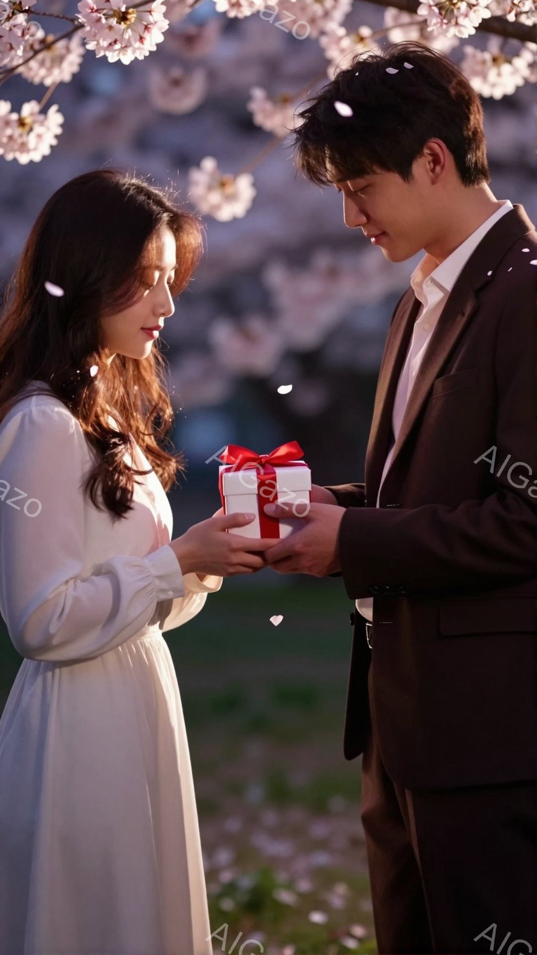 長い黒髪をサイドにかけた女性が、白いワンピースを着ており、少し下を向いた表情で赤いリボンで飾られたプレゼントを受け取ろうとしています。男性はダークブラウンのスーツを着て、プレゼントを丁寧に女性に差し出 - AI生成フリー素材