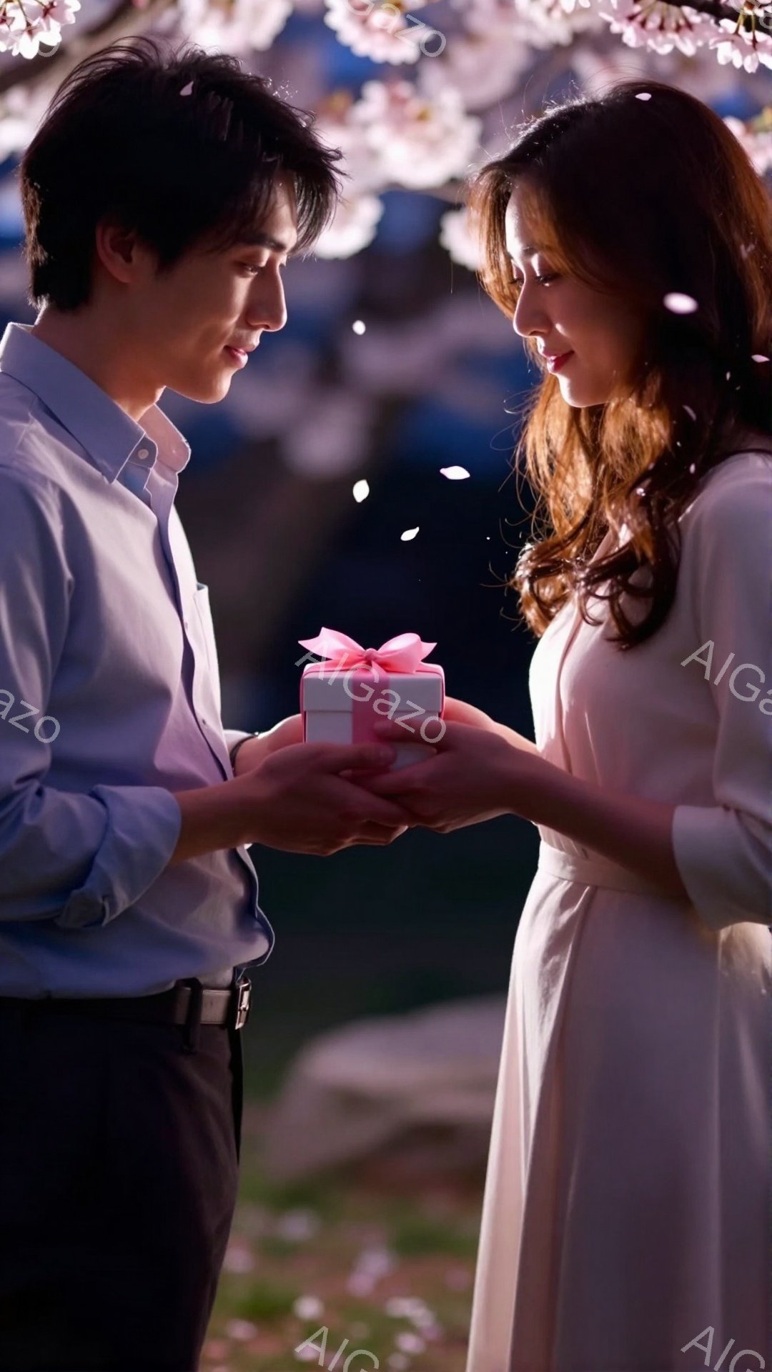 若い男女が桜の木の下でプレゼント交換をしている場面だ。男性は白いシャツと黒いズボンを着用し、女性は淡いピンクのワンピースを着ている。二人は互いに微笑み合い、男性は女性に小さなピンク色の箱を差し出しており、周りには桜の花びらが舞っている。