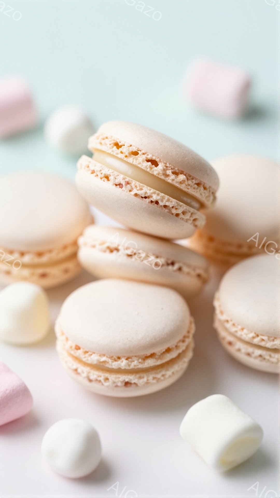淡いピンク色のマカロンが数個、白いマシュマロとともに淡い背景の上に並んでいます。マカロンはクリームで挟まれ、積み重ねられているものもあり、柔らかく優しい雰囲気を醸し出しています。全体的にパステルカラーでまとめられ、甘くて可愛らしい印象を与えます。