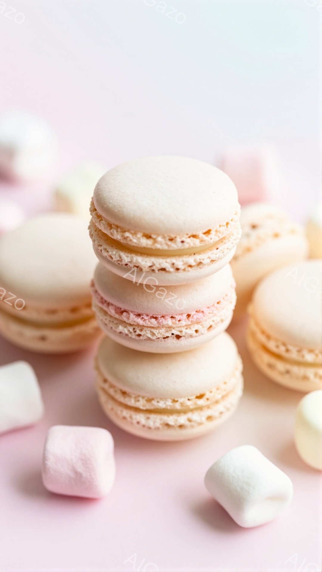 淡いピンク色の背景に、マカロンが積み重ねられ、周囲にはマシュマロが散りばめられています。マカロンはクリーム色がかった優しい色合いで、繊細な食感を想像させます。全体的に柔らかく甘い雰囲気が漂い、お菓子好 - AI生成フリー素材