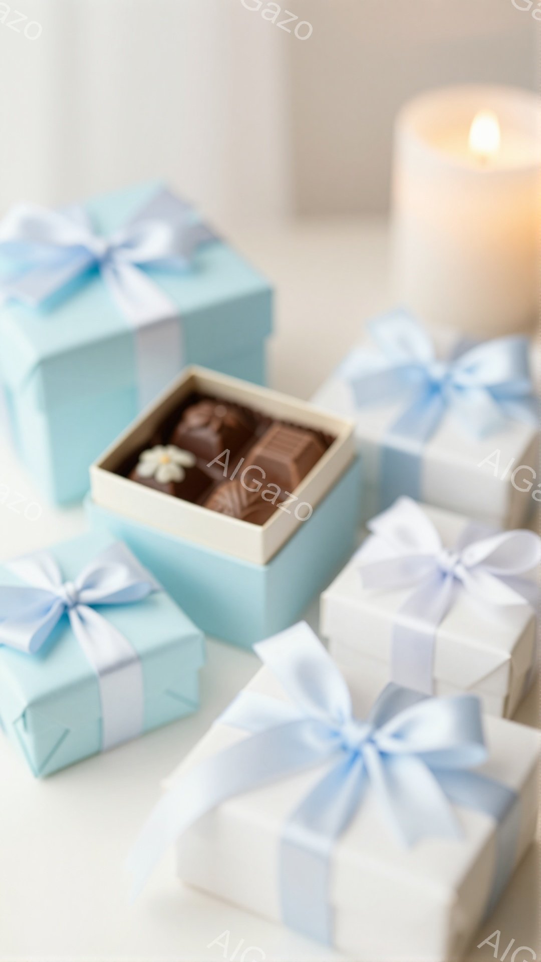 淡い水色のギフトボックスと白いギフトボックスがいくつか、白いテーブルの上に並べられています。水色の箱の中にはチョコレートが数個入っており、リボンで可愛らしく飾られています。背景にはぼんやりとキャンドルが見え、全体的に優しく、上品な雰囲気が漂っています。