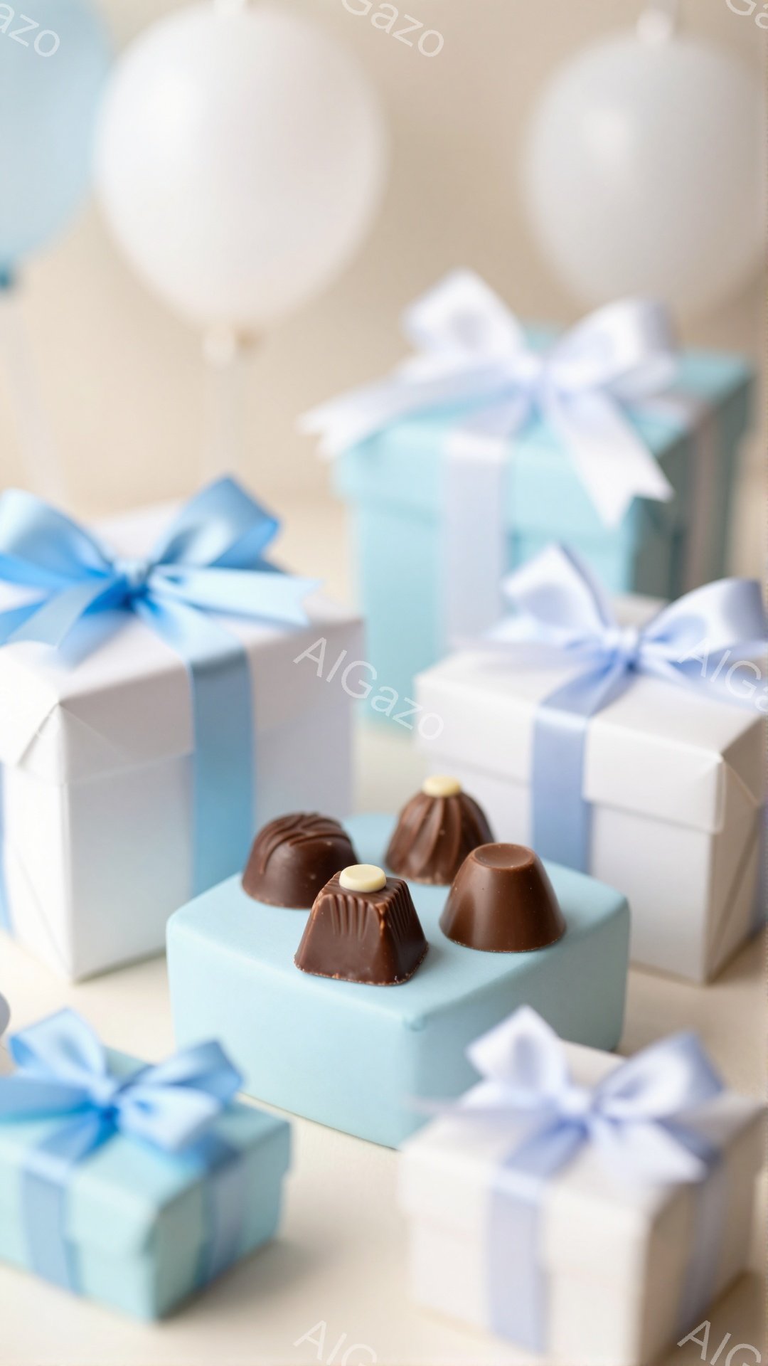 淡い水色の背景に、ラッピングされたプレゼントがいくつか並べられています。プレゼントは白や水色の包装紙で包まれ、明るい青いリボンで結ばれています。手前にはチョコレートが置かれ、お祝いやギフトのシーンを連 - AI生成フリー素材