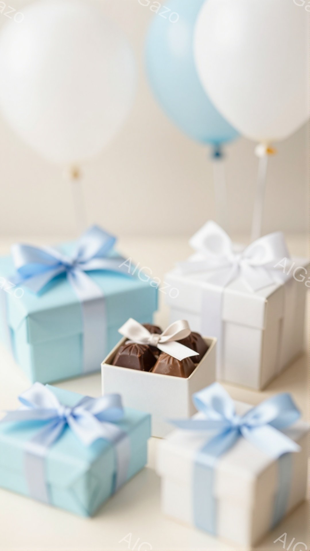 淡い水色の風船が2つと、ラッピングされたギフトボックスがいくつか写っています。水色のギフトボックスには明るい水色のリボンが結ばれており、白いギフトボックスには薄い茶色のリボンとチョコレートが中に入っています。全体的に、パステルカラーで柔らかく、お祝いやプレゼントの贈呈を連想させる雰囲気です。
