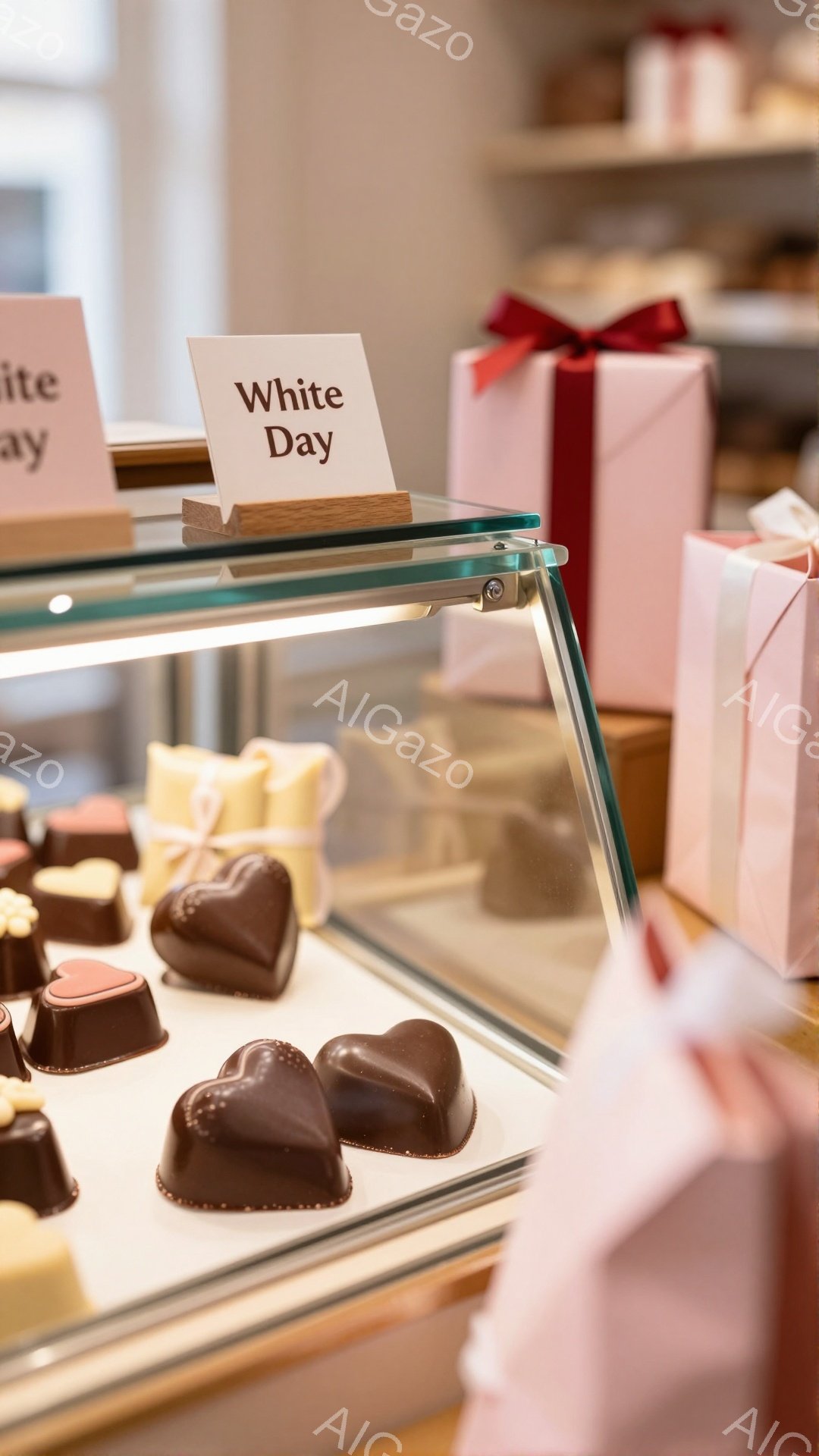 ショーケースの中に、様々な形のチョコレートが並べられています。特にハート型のチョコレートが目立ち、その奥にはピンク色の包装紙で包まれたプレゼントの箱が置かれています。「White Day」と書かれた小さな看板が、このチョコレートがホワイトデーのお菓子であることを示唆しています。