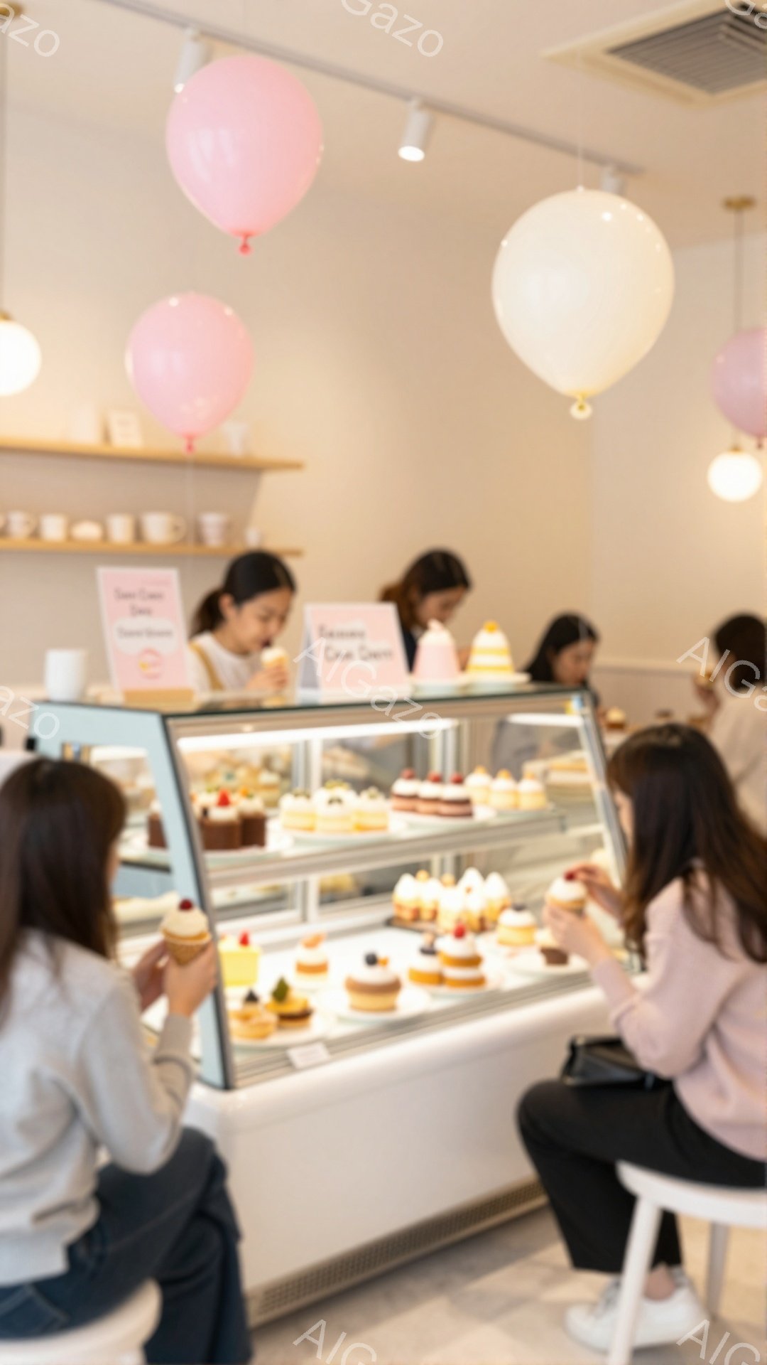 店内は白を基調とした明るい雰囲気で、ショーケースには色とりどりのケーキやタルトが並んでいます。数人の女性がカウンターでケーキを選んだり、椅子に座ってそれを楽しんだりしています。背景には淡いピンク色の風 - AI生成フリー素材