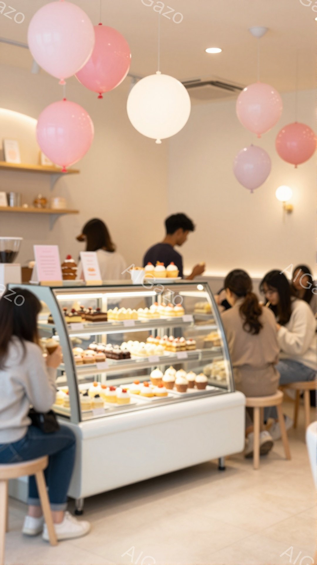 店内には、ショーケースに並べられた色とりどりのケーキやカップケーキが並び、人々が優雅にティータイムを楽しんでいる様子が伺えます。女性たちはカジュアルな服装で、リラックスした雰囲気で座り、会話を楽しんでいるようです。ピンクと白の風船が飾られた店内は、明るく可愛らしい雰囲気で、まるで誕生日パーティーのようです。
