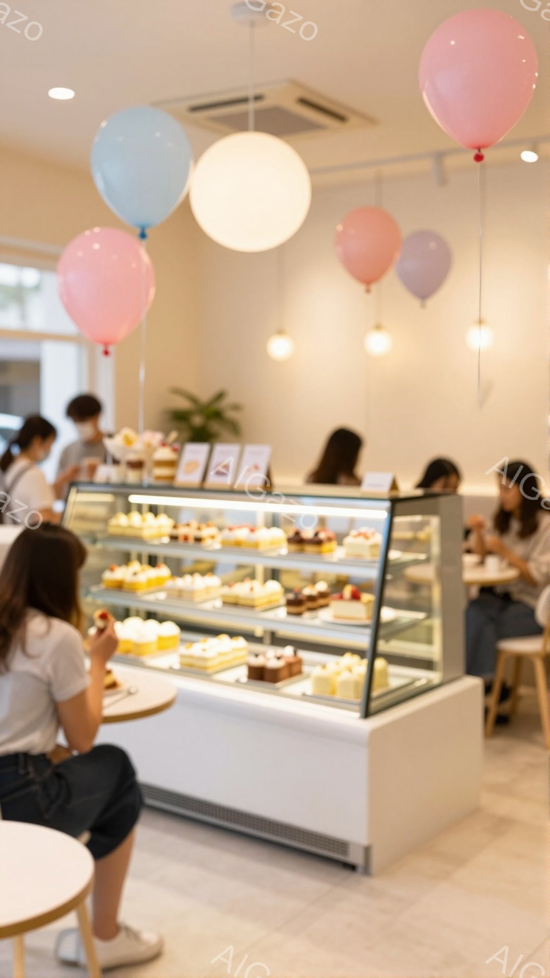 店内は白を基調とした明るい雰囲気で、ショーケースには様々なケーキが並んでいます。数人の女性客がテーブルで食事を楽しんでおり、後ろの壁には淡いピンク、白、紫色の風船が飾られています。全体的に、落ち着いたカフェの日常的な光景が捉えられています。
