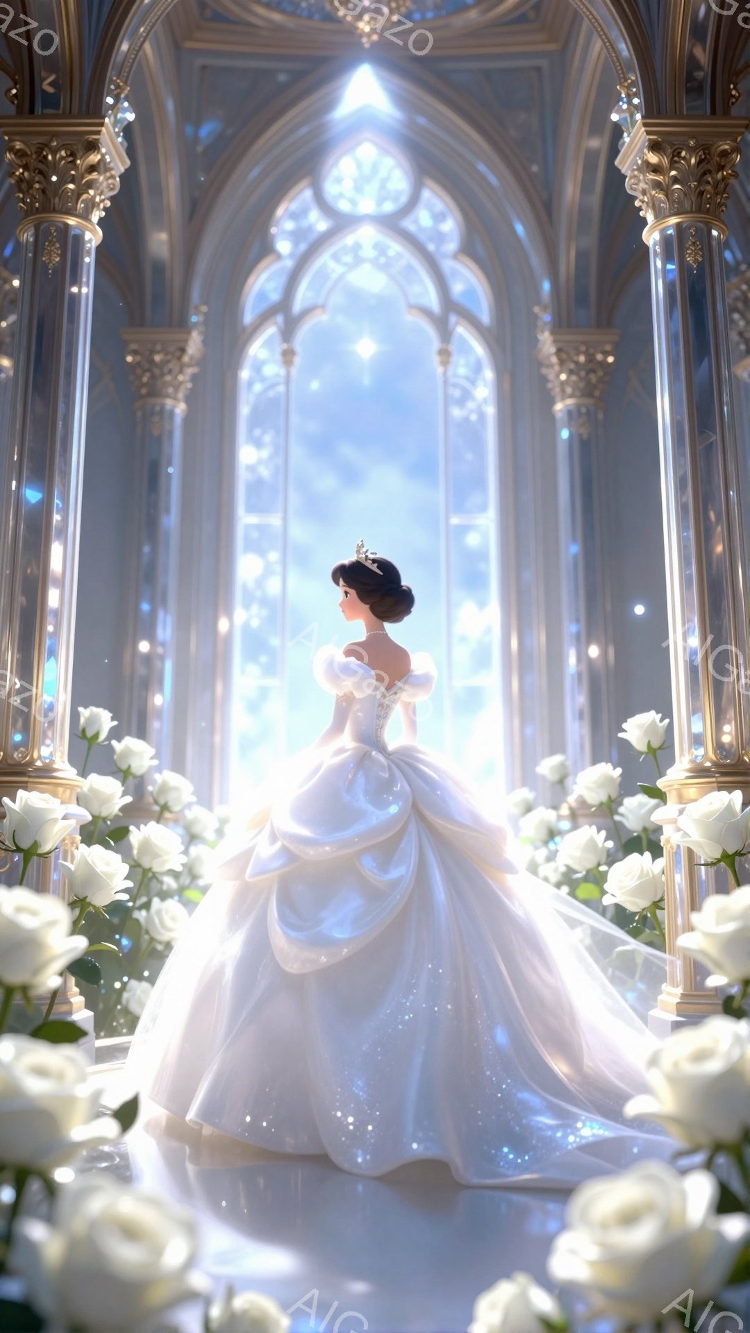 白い豪華なガウンを身につけた女性が、高いアーチ状の窓の前で立っている。彼女は背中を見せ、髪はきれいにまとめられ、頭には小さなティアラがついている。背景には、壮大な建築様式と、白いバラが敷き詰められた通路があり、窓からは柔らかな光が差し込み、幻想的な雰囲気を醸し出している。