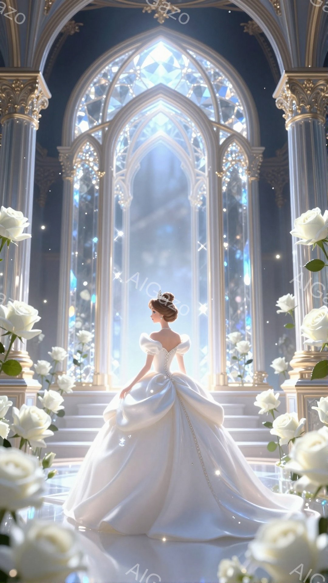 白い豪華なガウンを身に着けた女性が、ステンドグラスの窓を背景に立っている。彼女は優雅な姿勢で、繊細なティアラをつけ、優しく微笑んでいる。背景には、荘厳な柱が並び、白いバラの花びらが散りばめられた道が、彼女へと続いている。