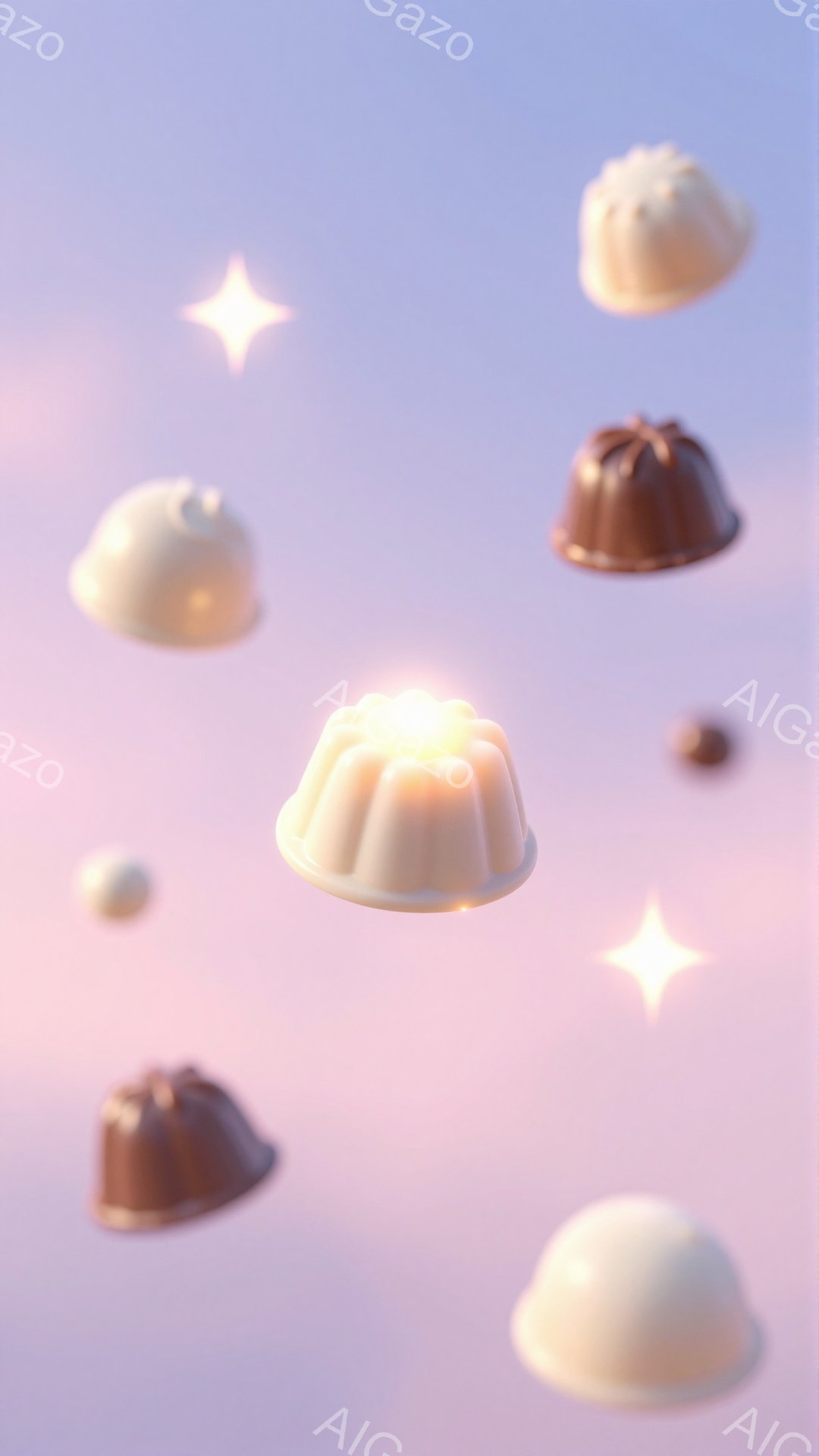 柔らかいピンクと紫のグラデーションが背景に広がり、クリーム色とチョコレート色のプリンのようなオブジェクトが空中に散りばめられています。プリンはそれぞれ光を反射し、まるで星のように輝き、全体的に夢幻的で - AI生成フリー素材