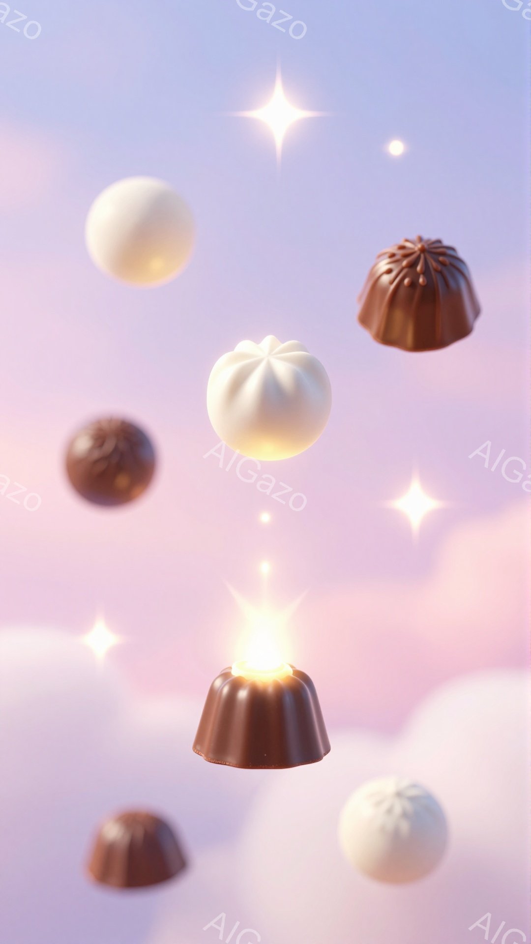 鮮やかなピンクと紫色のグラデーションの背景に、様々なチョコレートが浮かんでいます。チョコレートはミルクチョコレートとホワイトチョコレートがあり、光の粒子が散りばめられて幻想的な雰囲気を醸し出しています - AI生成フリー素材