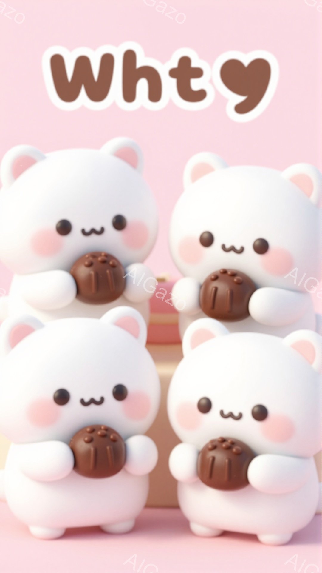 白くて丸いクマのぬいぐるみが4匹、それぞれ茶色の小さな丸いお菓子を持っています。クマたちは顔に黒い目とほのかな笑顔があり、可愛らしい雰囲気を醸し出しています。背景は薄いピンク色で、クマたちが積み重なっている様子から、遊び心のある、お祭りやイベントを連想させる可愛らしい光景です。