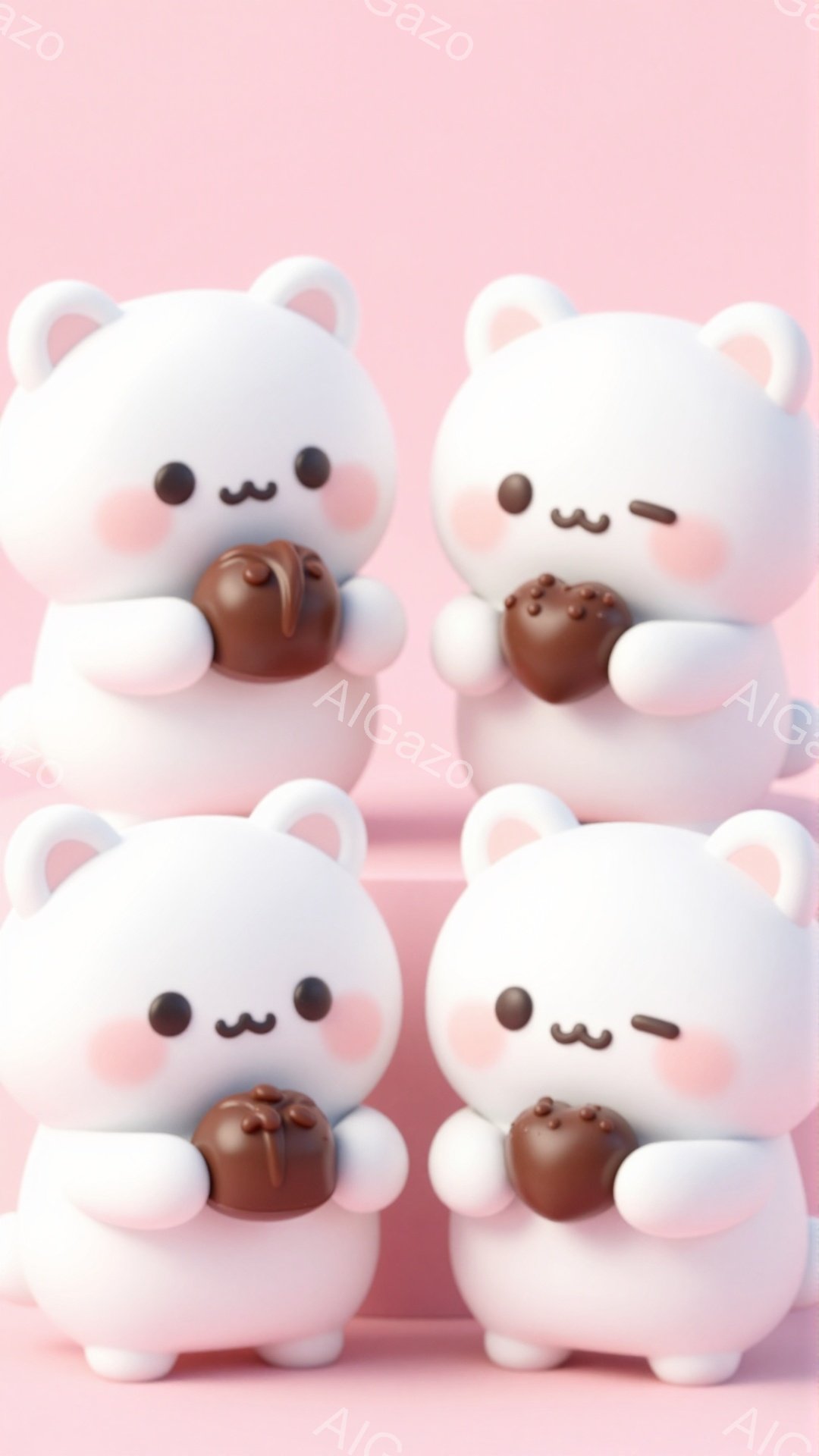 白くて丸いクマのキャラクターが4匹、ピンク色の背景に並んで描かれています。クマたちはそれぞれ片手にチョコレートを持っており、頬はほんのり赤く、つぶらな瞳が愛らしい表情をしています。全体的に柔らかく、甘くて可愛らしい雰囲気が漂っています。