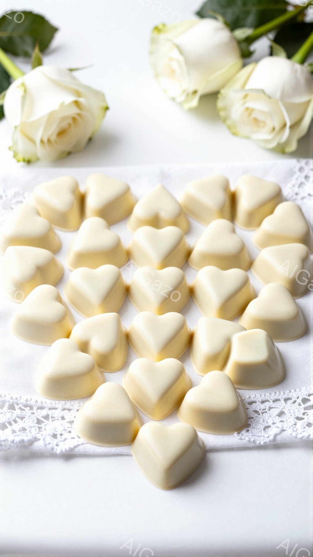 白いレースのテーブルクロスの上に、ハート型のチョコレートが整然と並べられています。背景には、白バラが数輪、緑の葉と共に配置されており、柔らかい光が全体を包み込んでいます。全体的に上品でロマンチックな雰囲気です。