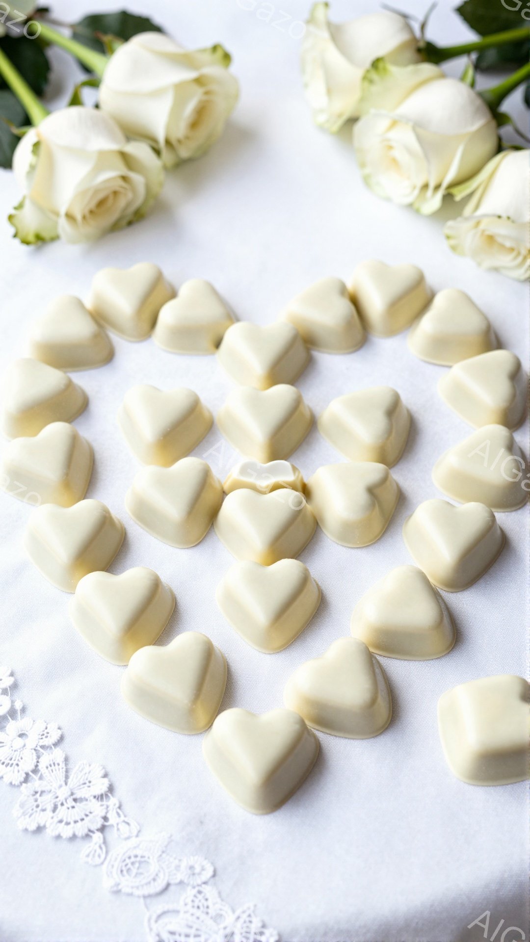 白いレースの敷物の上に、ハート型のチョコレートが整然と並べられています。背景には、いくつかの白いバラが置かれ、柔らかい光が全体を照らしています。優雅でロマンチックな雰囲気が漂う、上品なイメージです。 - AI生成フリー素材