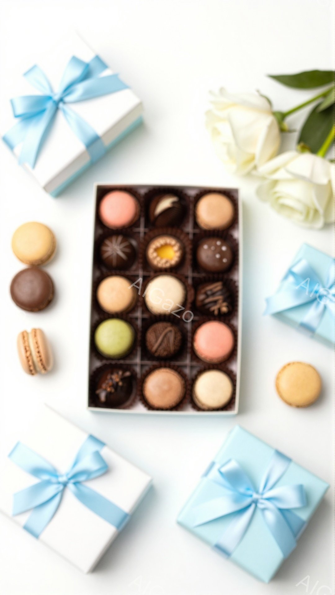 白い背景の上に、チョコレートとマカロンが配置されています。チョコレートは様々な色とデザインで、箱の中に整然と並べられています。マカロンと白いバラ、そしてリボンで飾られた白いギフトボックスが、甘く優しい - AI生成フリー素材
