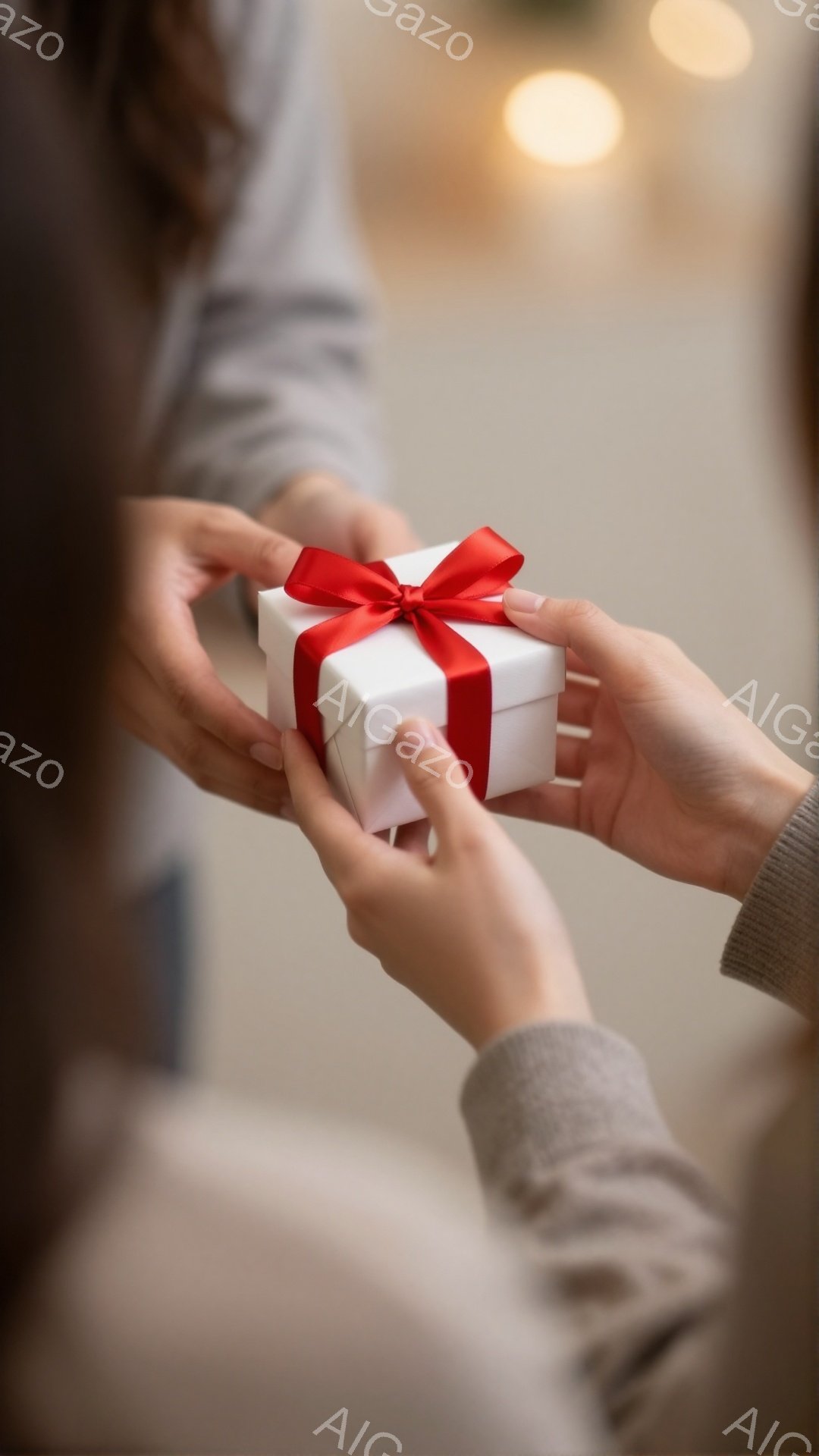 誰かが白い箱を赤いリボンで飾られた状態で別の誰かに渡している場面です。手と腕はセーターのようなニット素材で覆われており、贈り物を交換する温かい雰囲気が伝わってきます。背景はぼやけていますが、室内であること、そして暖色系の光が差し込んでいることがわかります。