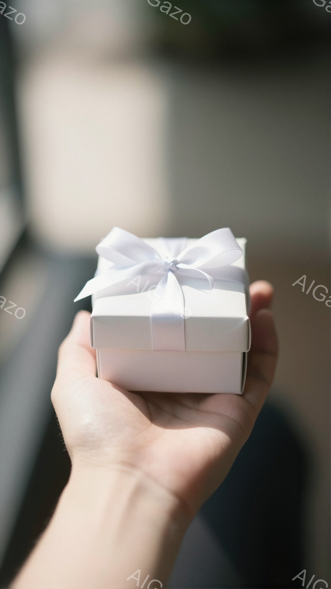 白い箱が、誰かの手のひらで優しく支えられています。箱はリボンで美しく飾られており、贈り物である事が分かります。背景はぼやけていますが、自然光が差し込み、温かく穏やかな雰囲気を醸し出しています。