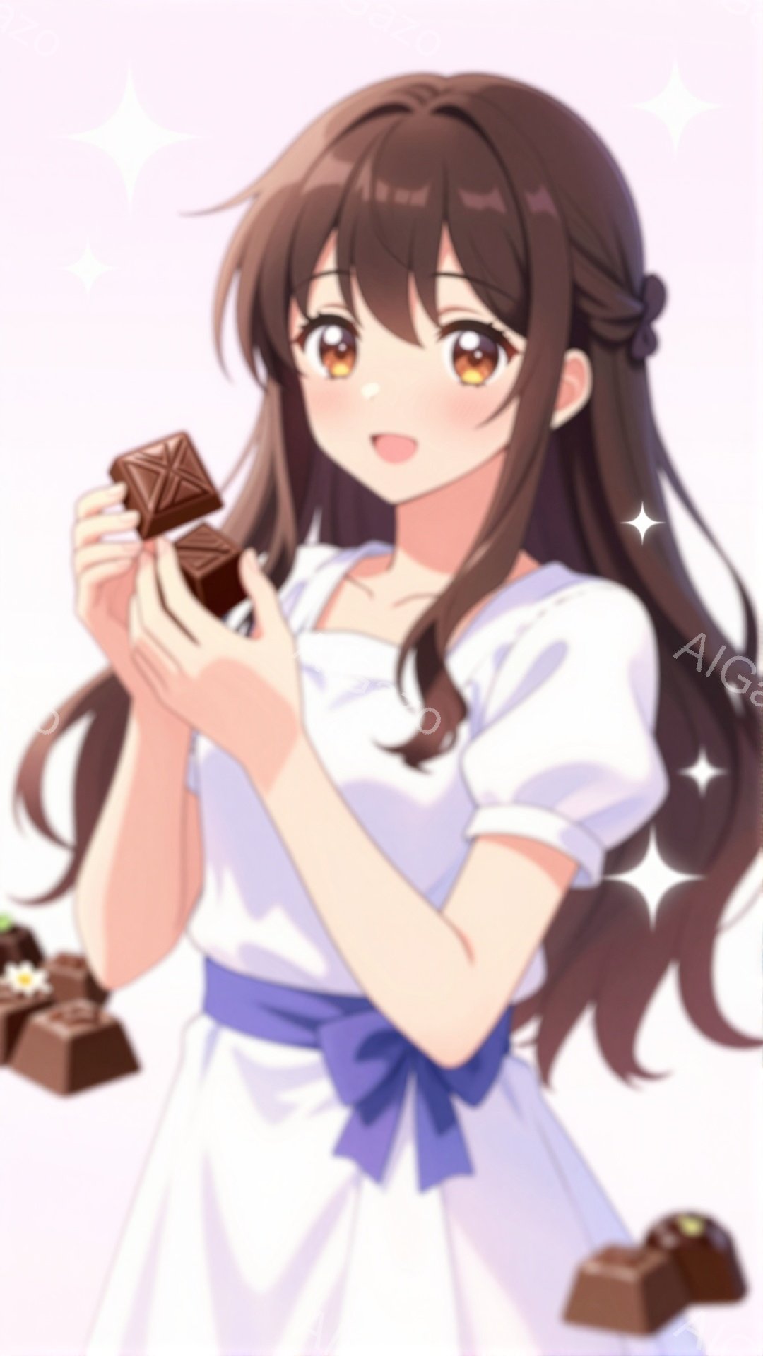 長い茶色の髪に白いワンピースを着た若い女性が描かれています。彼女は両手にチョコレートを持って微笑んでおり、その表情は楽しそうで幸せそうです。背景は淡いピンク色で、チョコレートがいくつか散らばっており、全体的に甘くて可愛らしい雰囲気を醸し出しています。
