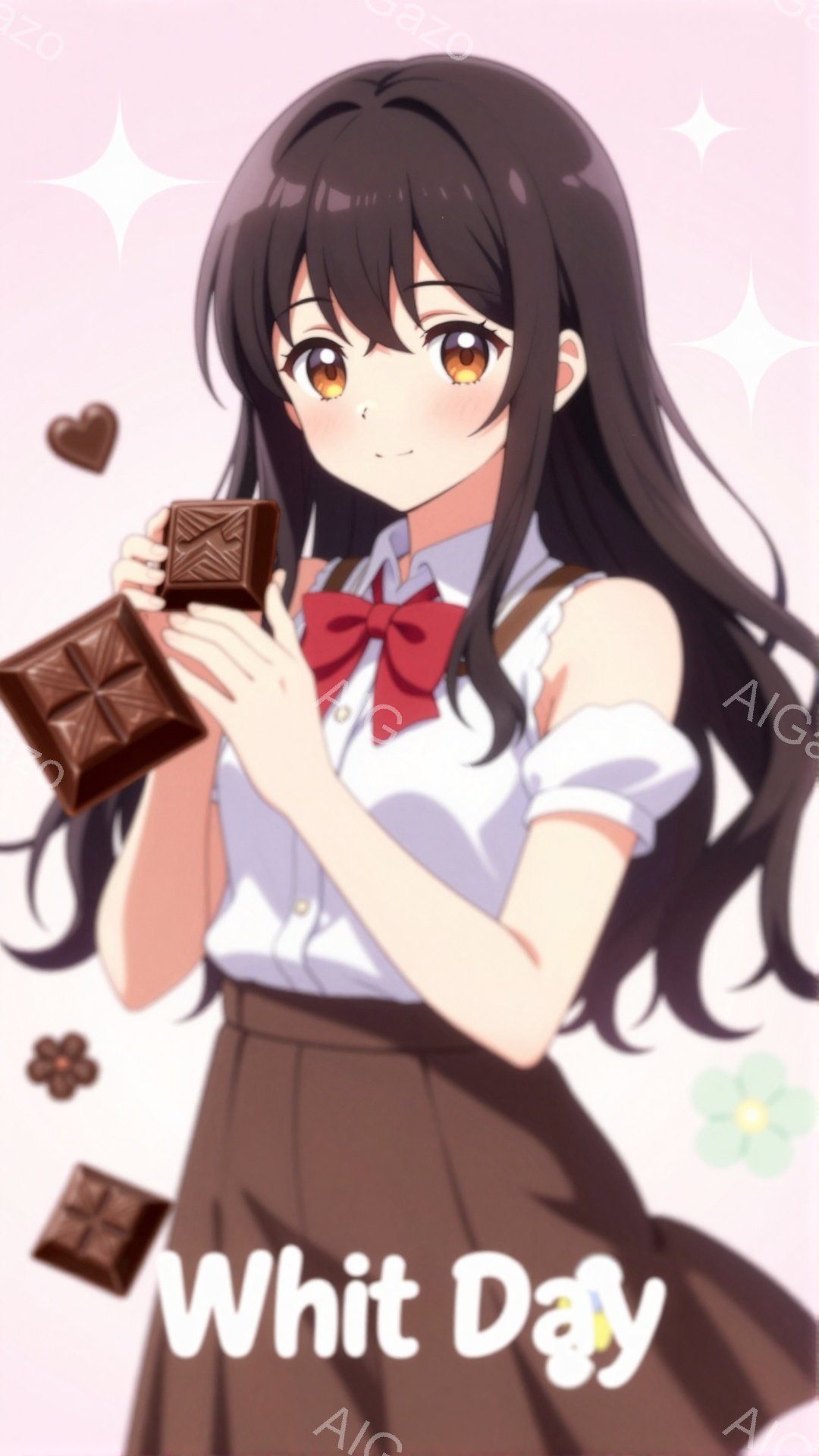 長い黒髪の少女が描かれており、明るい茶色の瞳が印象的です。白いブラウスに赤いリボン、茶色のスカートという制服のような服装で、片手にチョコレートを持っています。背景は淡いピンク色で、チョコレートと花が散りばめられ、ホワイトデーを連想させる甘く優しい雰囲気が漂っています。