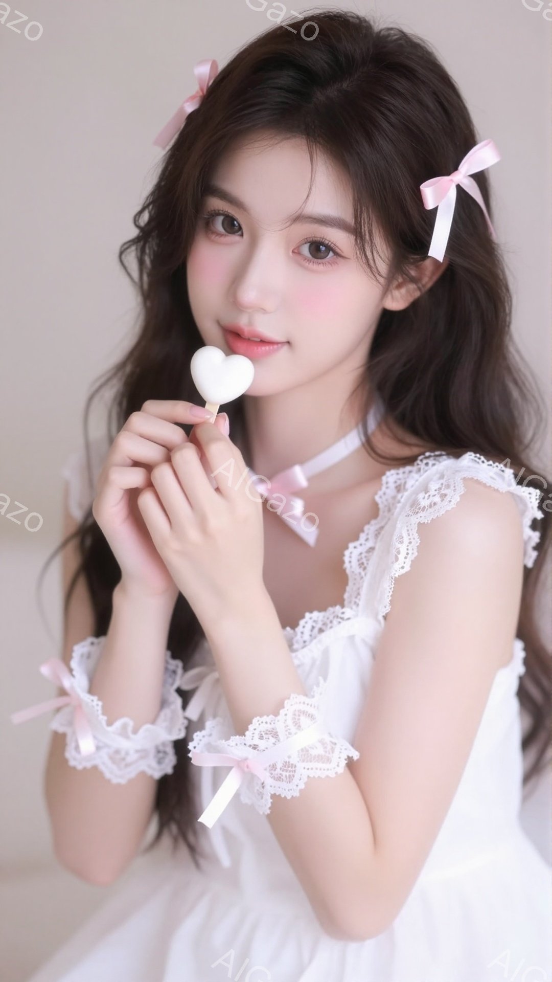 長いダークブラウンの髪にピンクのリボンをつけて、白いレースのドレスを着た若い女性が写っています。彼女は微笑んでおり、片手にハート型のキャンディーを持っています。背景はぼやけていますが、淡いピンクと白の柔らかい色調で、全体的に夢のような、甘い雰囲気を醸し出しています。