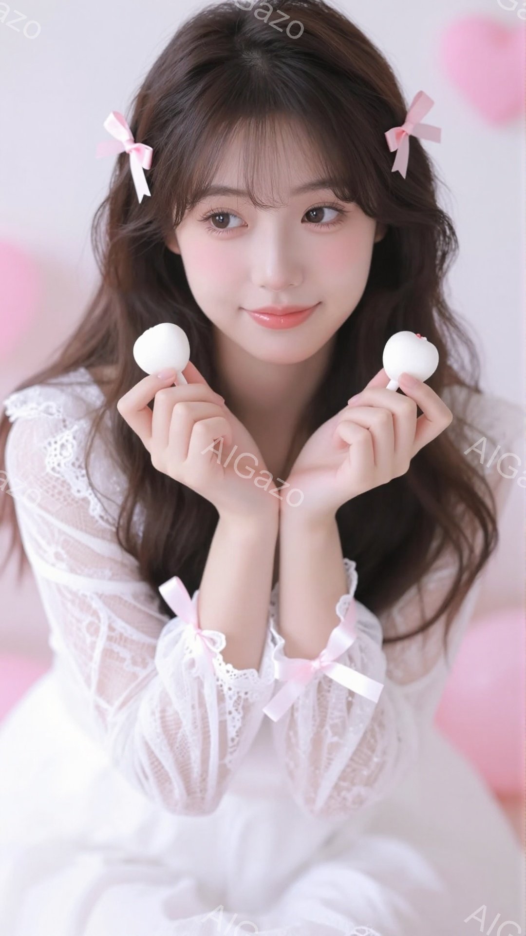 長い茶色の髪の女性が、ピンクのリボンでサイドポンテールに結ばれており、白いレースのブラウスとドレスを着ています。彼女は両手に白い丸い物体（卵のよう）を持っており、微笑んでカメラを見ています。背景はぼやけたピンク色で、全体的に柔らかく、夢のような雰囲気を醸し出しています。