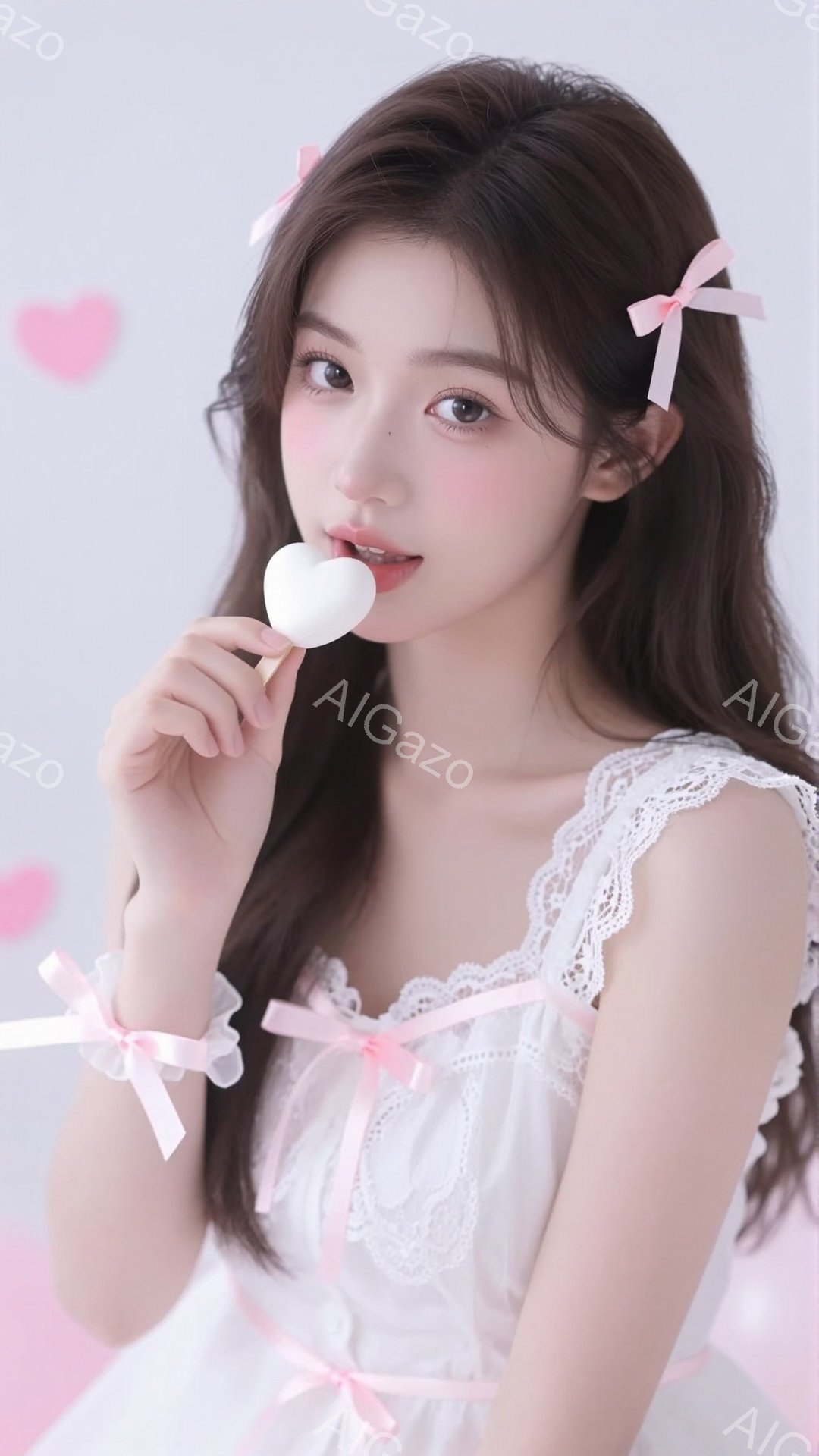 長い茶色の髪にピンクのリボンをつけた若い女性が写っています。白いレースのドレスを着て、片手に白いキャンディーを持って微笑んでいます。背景は淡いピンク色で、ハートの形をした装飾がいくつか浮かび、全体的に甘くて可愛らしい雰囲気を醸し出しています。