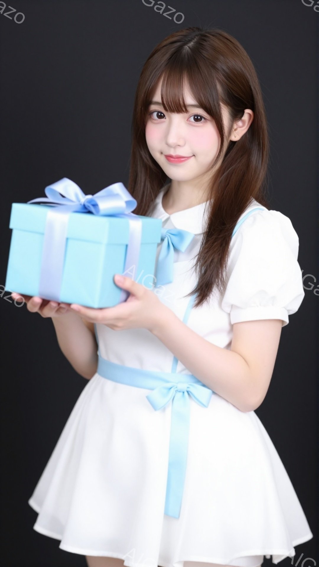 明るい茶髪の女性が、水色のリボンで飾られた白いワンピースを着ています。彼女は両手を前に出し、同じ水色のリボンで結ばれた水色のギフトボックスを持っています。背景は暗く、彼女に焦点が当たっています。 - AI生成フリー素材